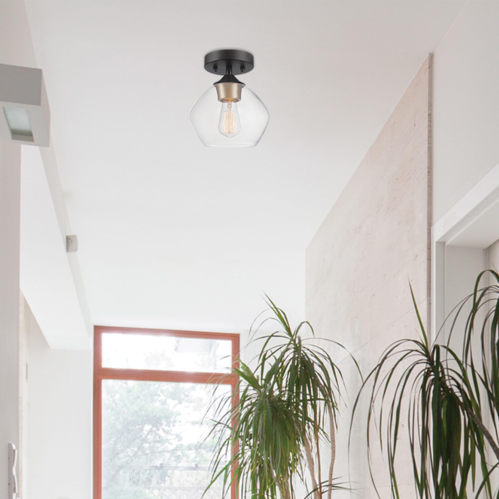 Globe Electric Harrow Semi-Flush Mount Light, Matte Black, Clear Glass Shade, 9.1in - Model 60333