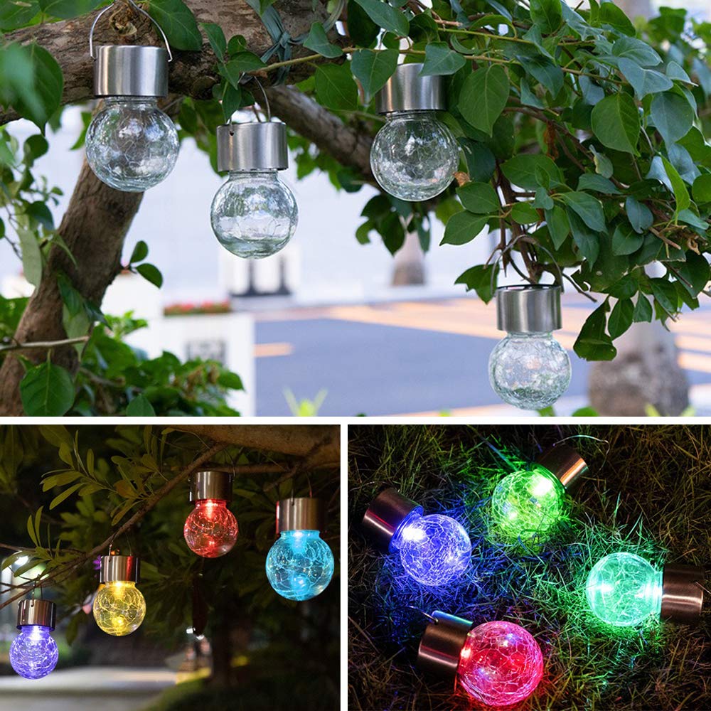 KIMI HOUSE Hanging Solar Powered Warm White LED Light, Cracked Glass Ball Light, Waterproof Outdoor Christmas Decorative Lantern