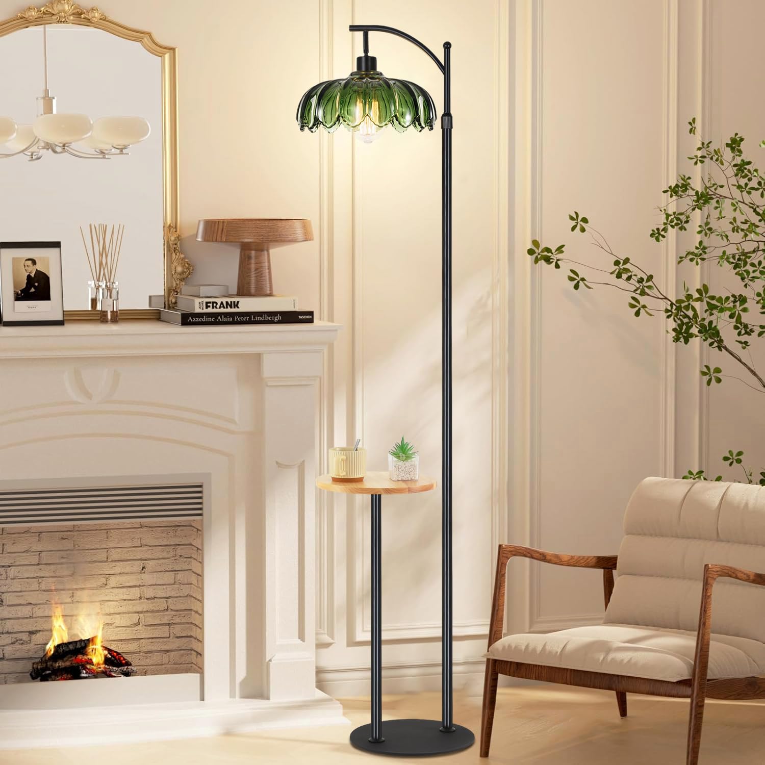 QIYIZM Boho Floor Lamp, Dimmable Arc Design, Black Rattan Shade, Adjustable Height, Model 1