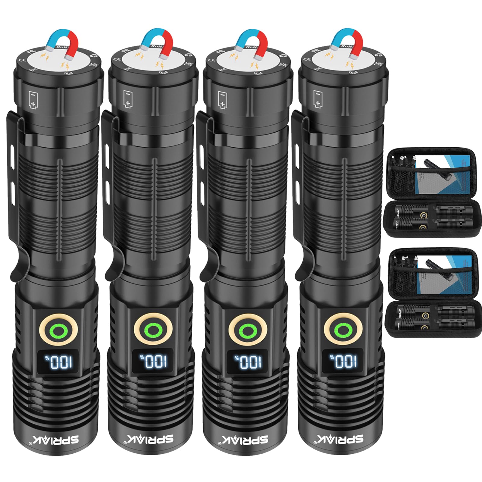 Spriak Rechargeable Flashlight High Lumens 4 Packs-Super Bright Magnetic Flash Light with Power Digital Display, Long Range,Dimm