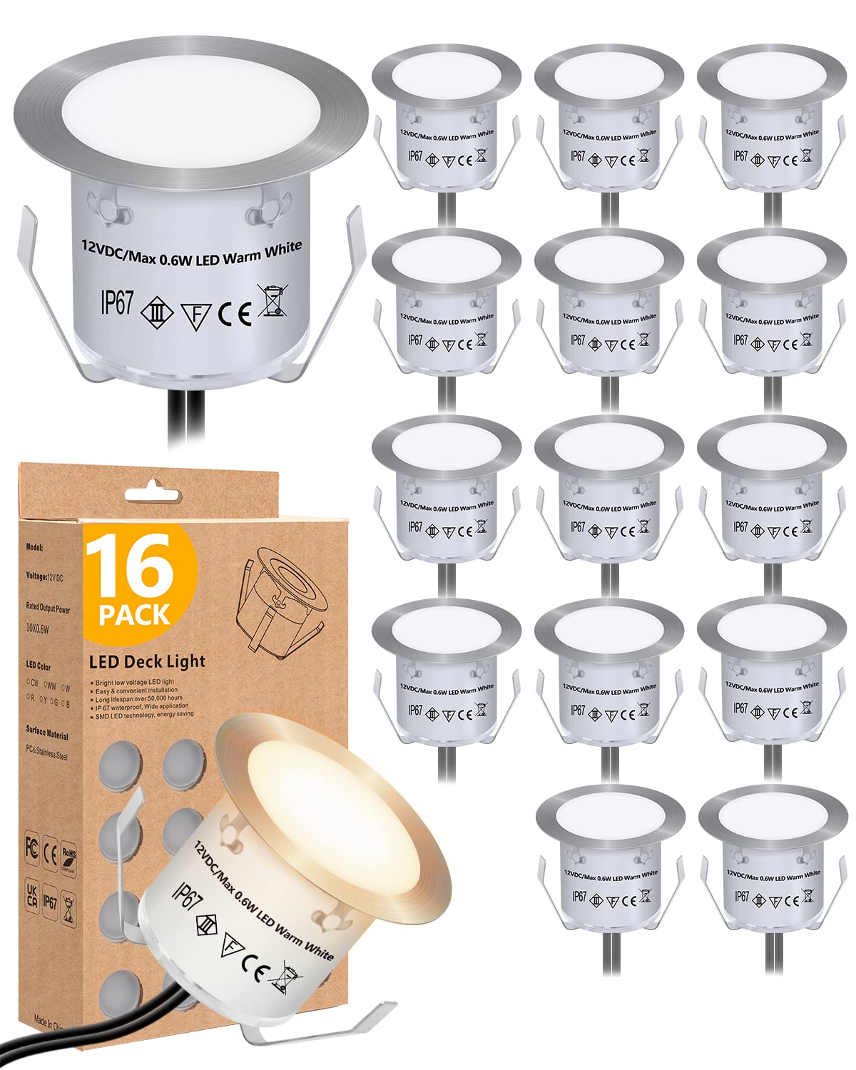 Hiboitec 16Pack Recessed Led Deck Lights, 12V Ip67 Waterproof Warm White Outdoor Lighting