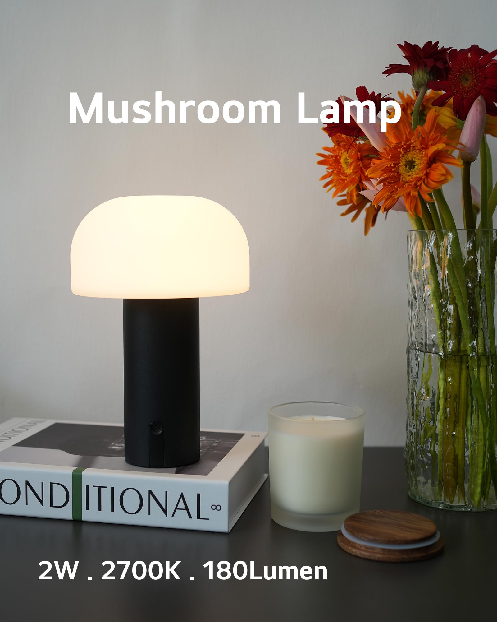 Ilovinit Rechargeable Outdoor Mushroom Table Lamp - Waterproof, Cordless, Touch Dimming, Black