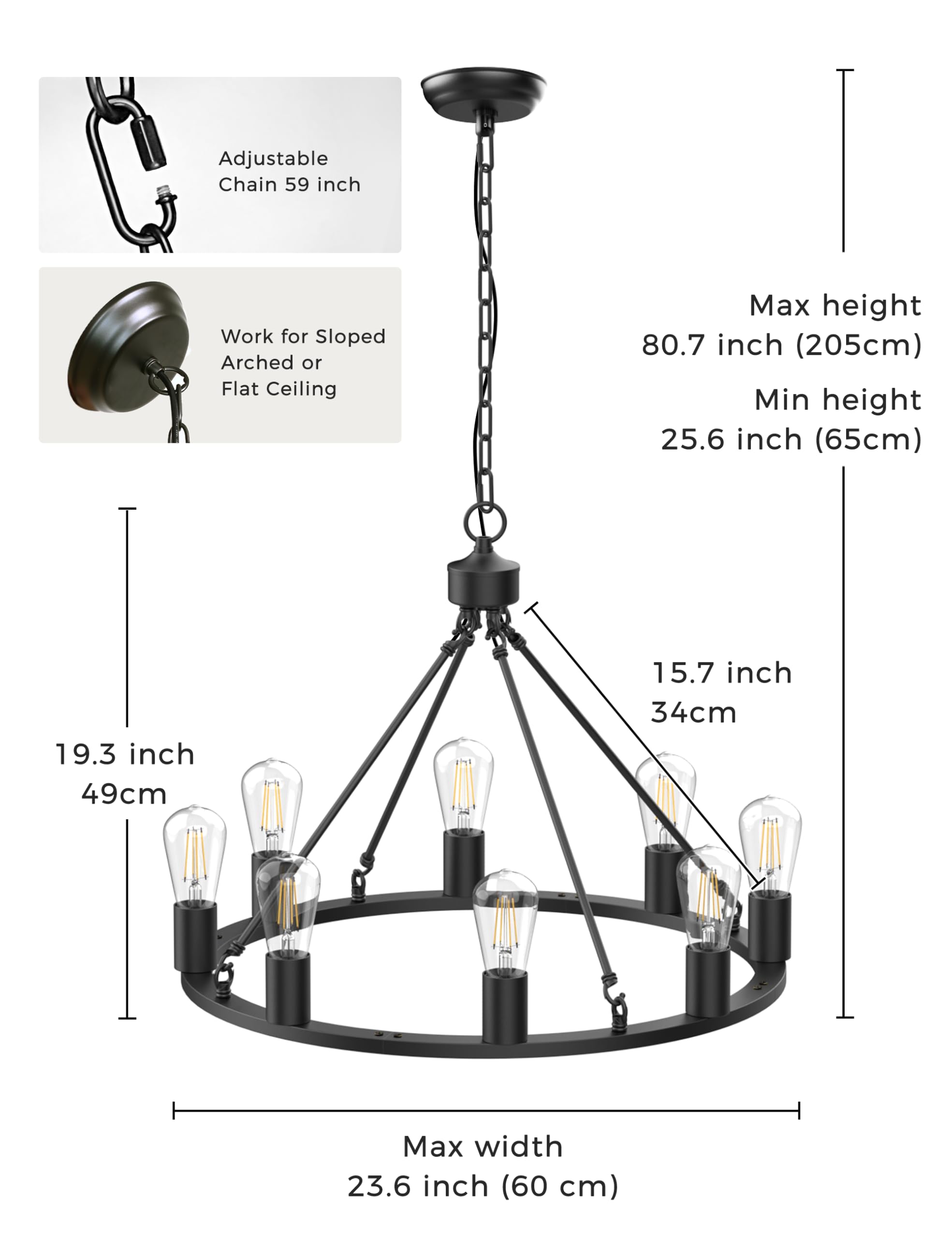 L LOHAS LED 8-Light Black Farmhouse Chandelier, 24" Adjustable Metal Light Fixture for Dining Room and Kitchen Island
