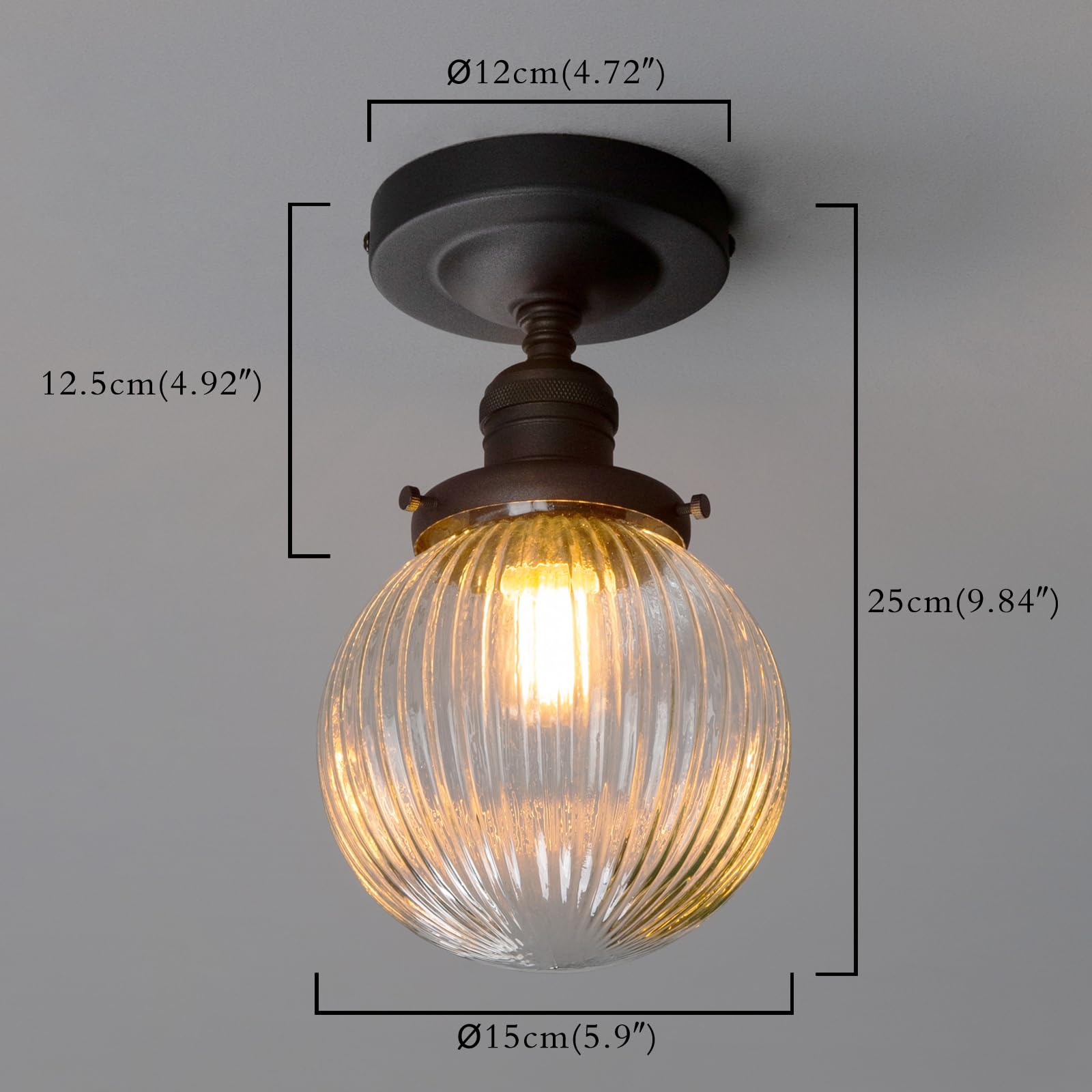 Permo Industrial Flush Mount Ceiling Light 1-Light Pendant Ceiling Light With Ribbed Globe Glass Lampshade For Hallway, Brass Fi
