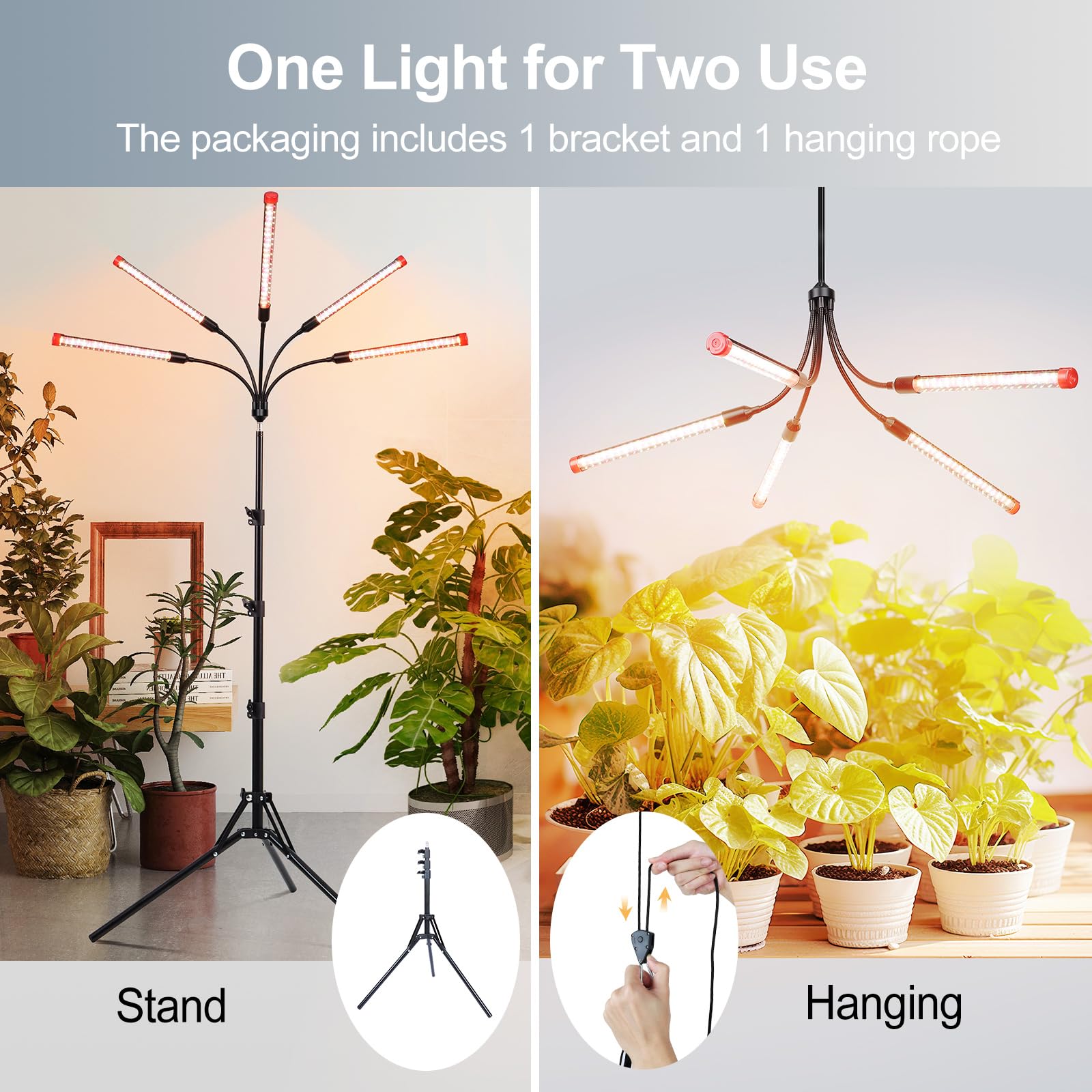 FECiDA 45W 5-Head Tripod Plant Light for Indoor Plants, Full Spectrum, Timer, Black, Model ZH_GL_RH