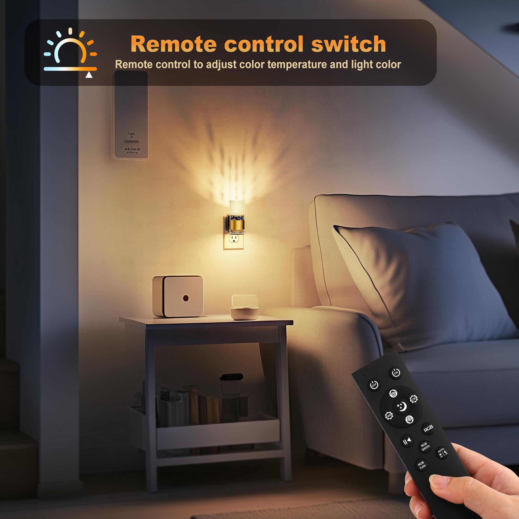 Jandcase Night Lights Plug Into Wall,1 Pack Color Changing Night Light For Kids With 1 Remote Control, 3000K+Rgb Led Nightlight