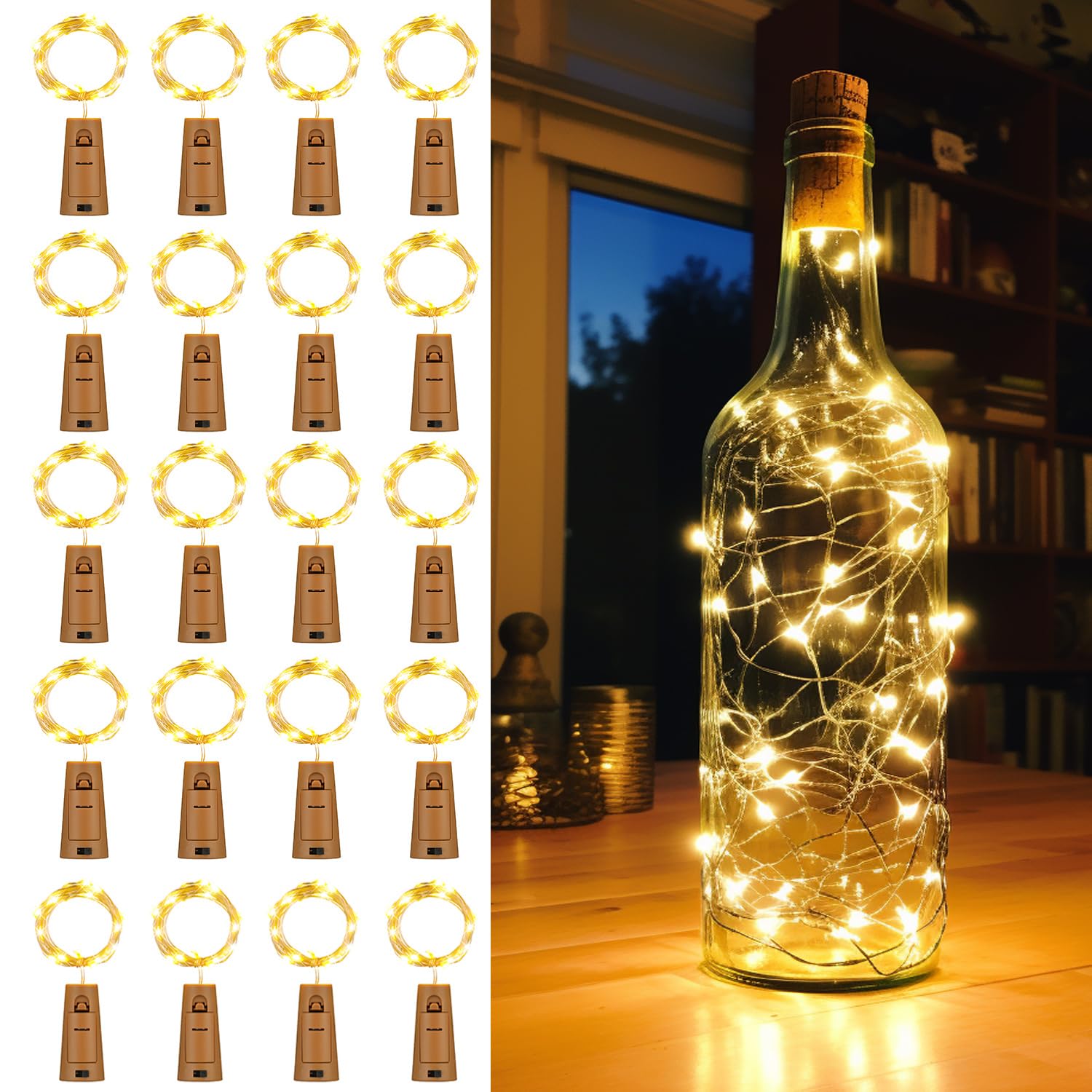 LEDIKON 20 Pack Wine Bottle Lights with Cork Battery Operated 3.3ft 20 LED Silver Wire Cork Fairy Lights for Liquor Bottles,Jars,Crafts,Wedding,Party,Centerpieces,Table Decor,Warm White