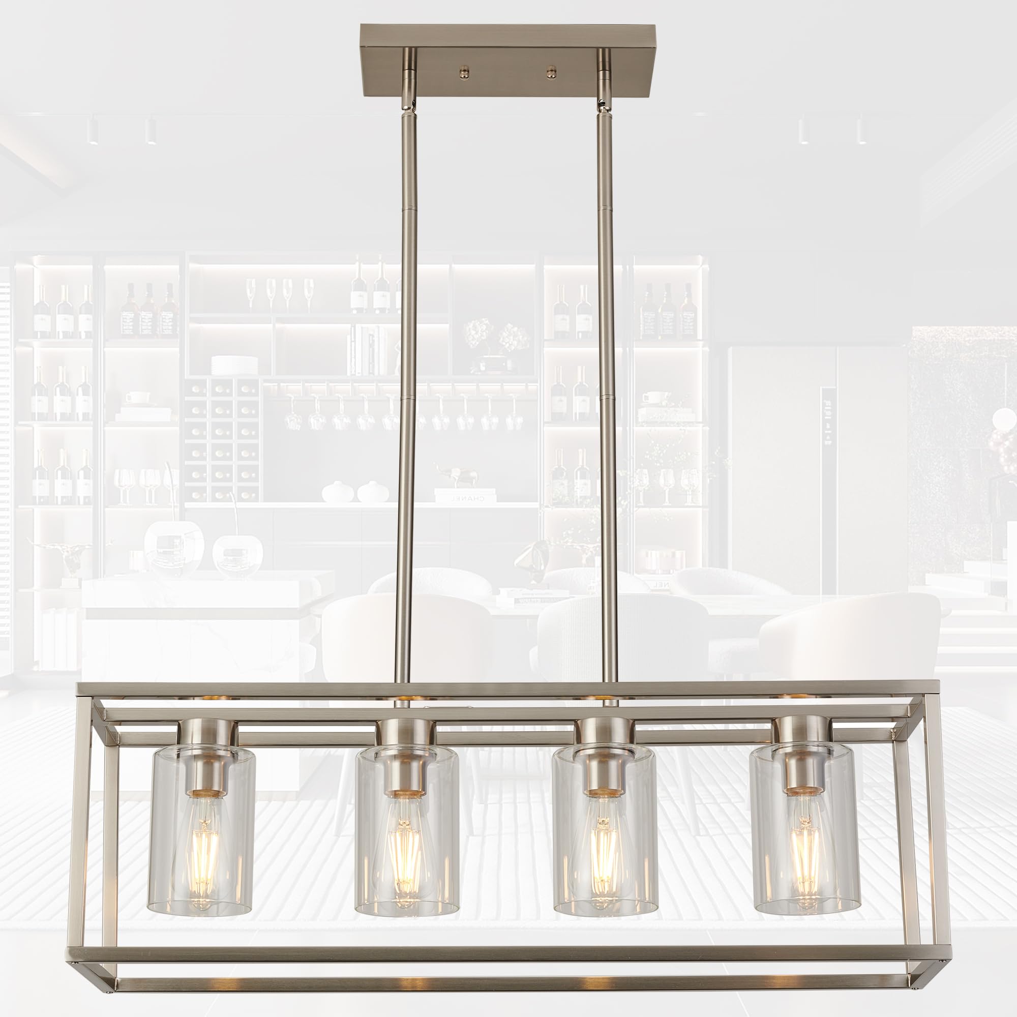 XILICON Brushed Nickel Dining Room Chandeliers Lighting Fixture Linear Pendant Modern 4-Light with Glass Shades Vintage Farmhous
