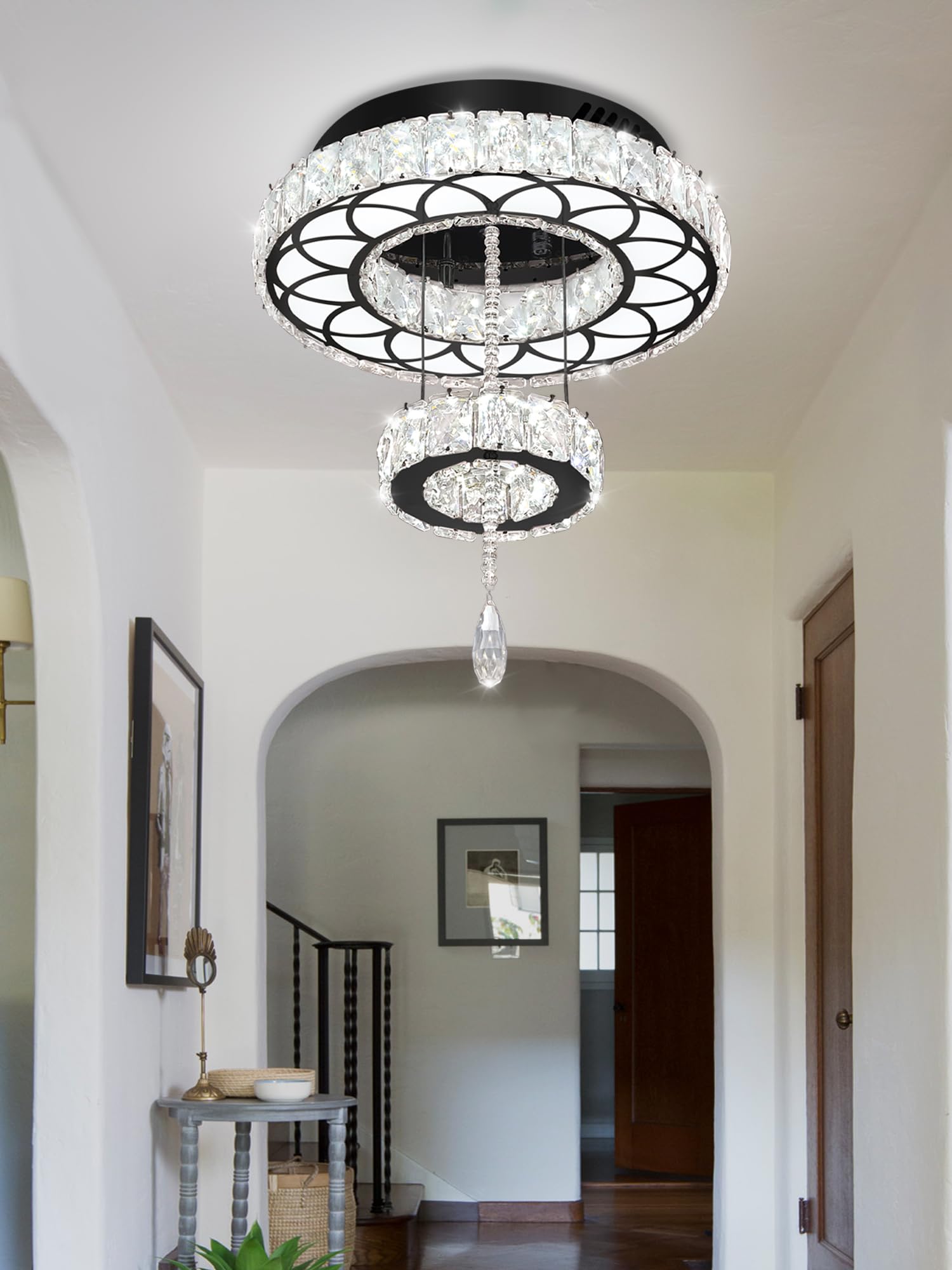Flashing God Dia 12'' Crystal Mini Chandelier Crystal Black Ceiling Light Fixtures Led Flush Mount Ceiling Light For Living Room