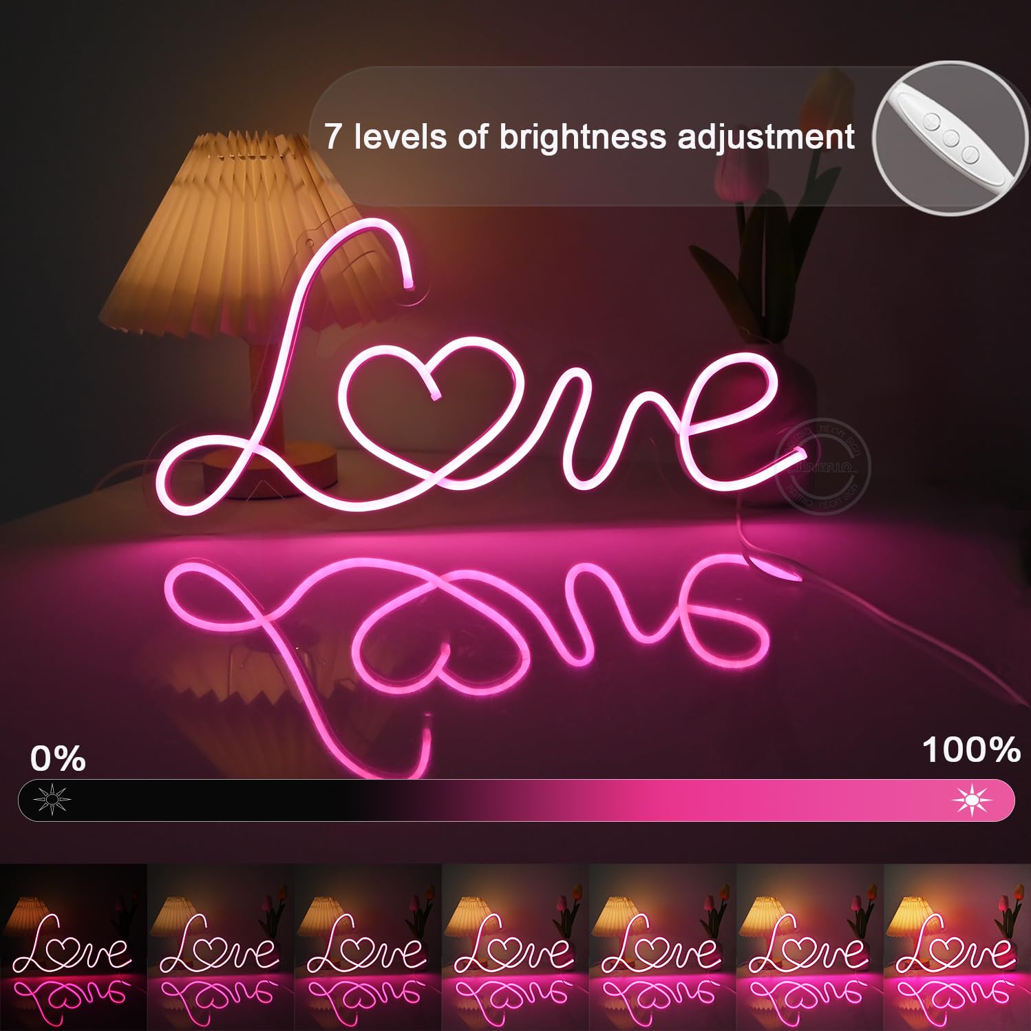 Britrio LED Neon Light Sign - Pink Love Wall Decor, USB Powered, 17inx8in, Model FSLO18P