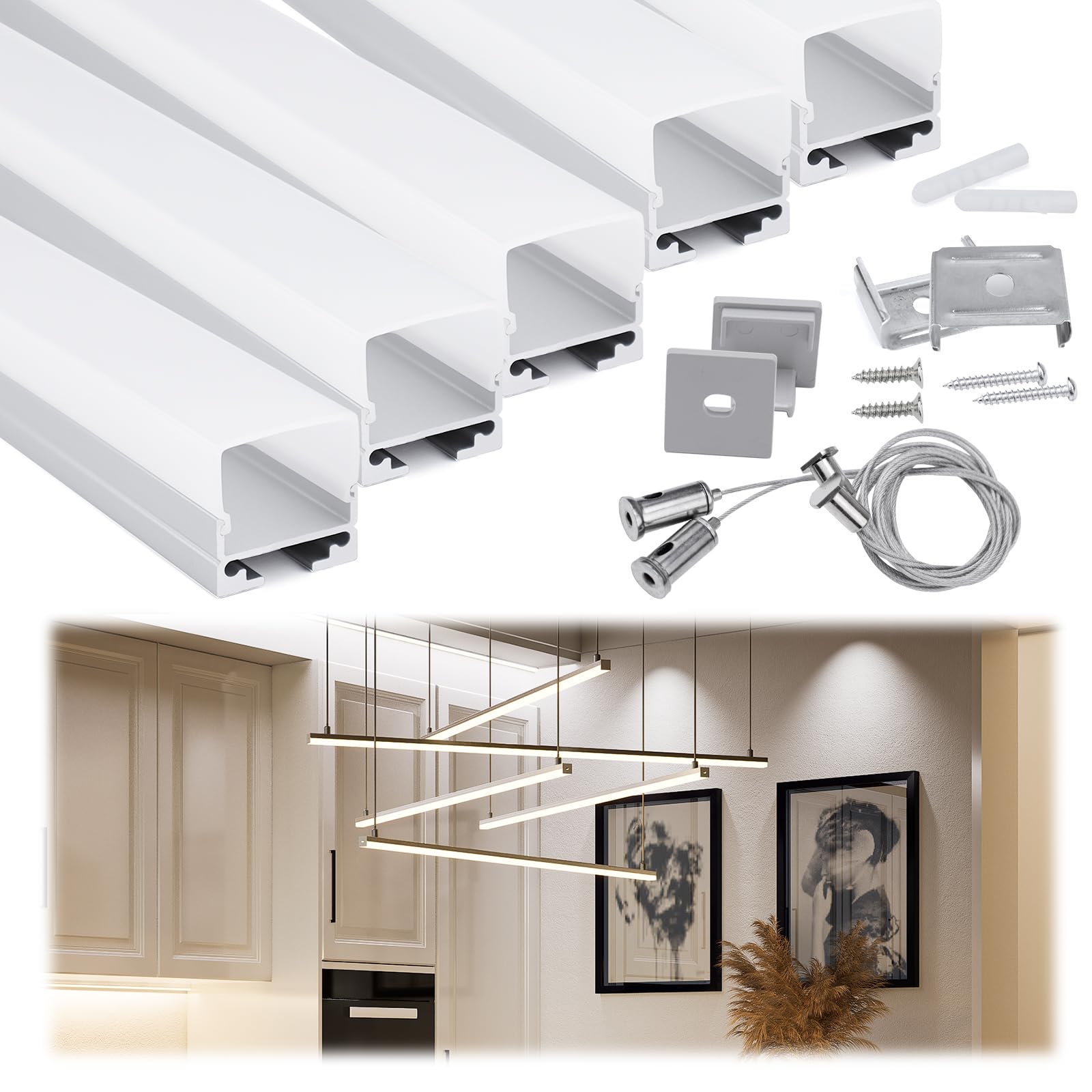 Muzata 5Pack 3.3Ft/1M Led Strip Channel With Hanging Wire, Spotless Frosted Diffuser Cover For Garages, Workshops Ceiling Light