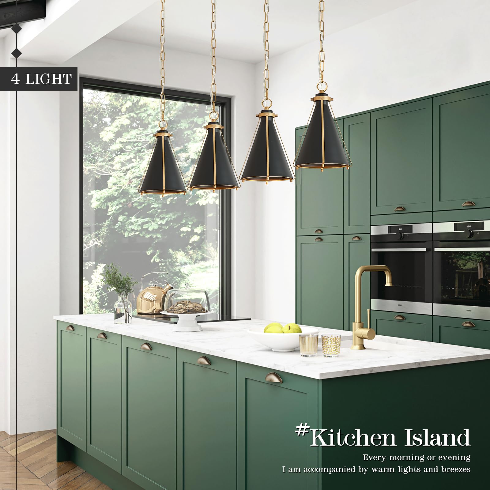 Caraluxe Black & Gold Kitchen Island Light 4-Light Hanging Chandelier Cone Shade 42 '' Rectangle Kitchen Island Pendant Light Fi