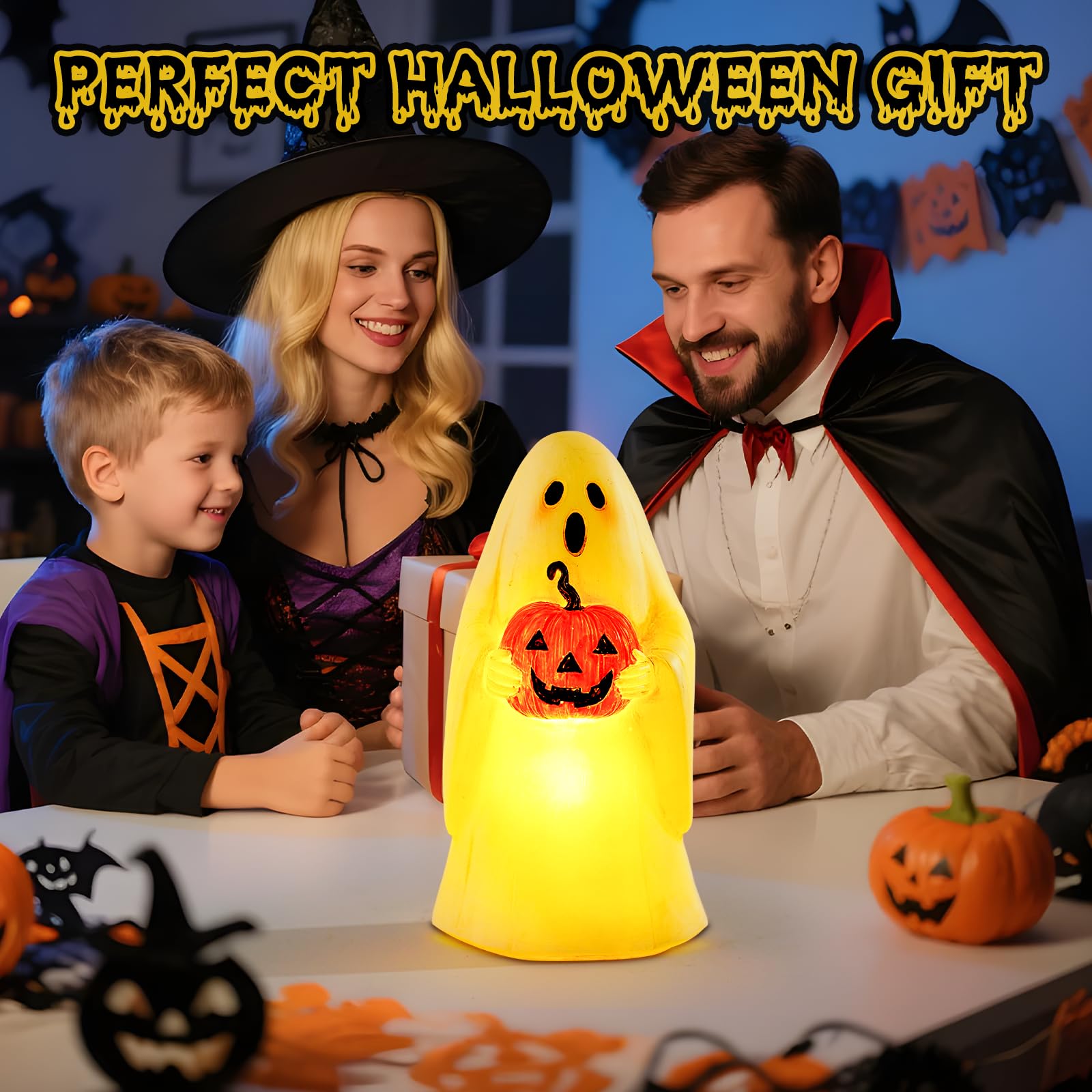 Pohabery Cute Resin Ghost Statue - Solar-Powered Halloween Decor, White, Outdoor Light Up Figurine For Yard & Porch, Model Zf1Bg250501