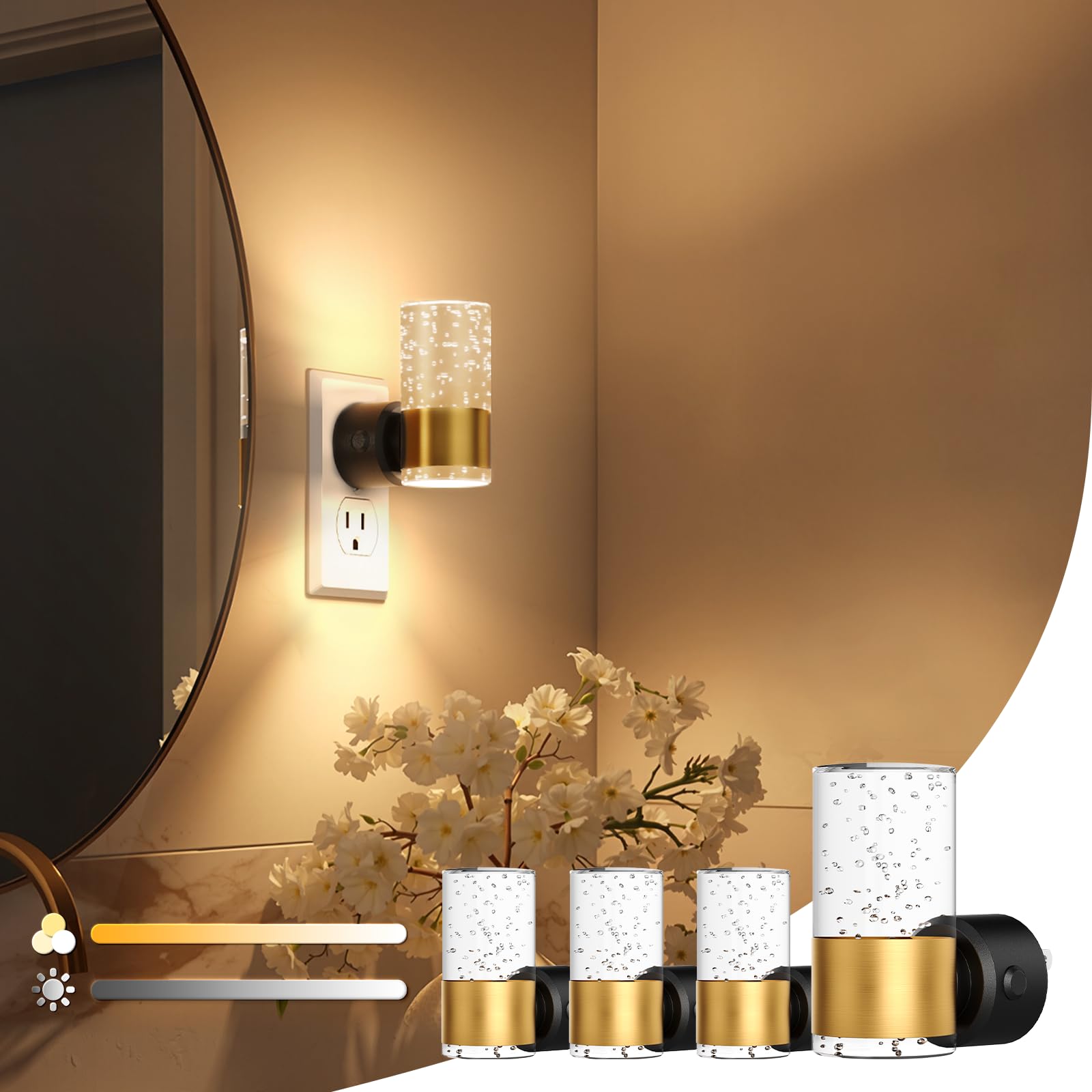 VOLISUN LED Night Lights Plug into Wall  Dimmable Night Light 3 CCT & 5 Brightness Levels  Acrylic Bubble Nightlight with Dusk to Dawn Sensor for Hallway  Bathroom  Stair  Nursery Gold 4 Pack