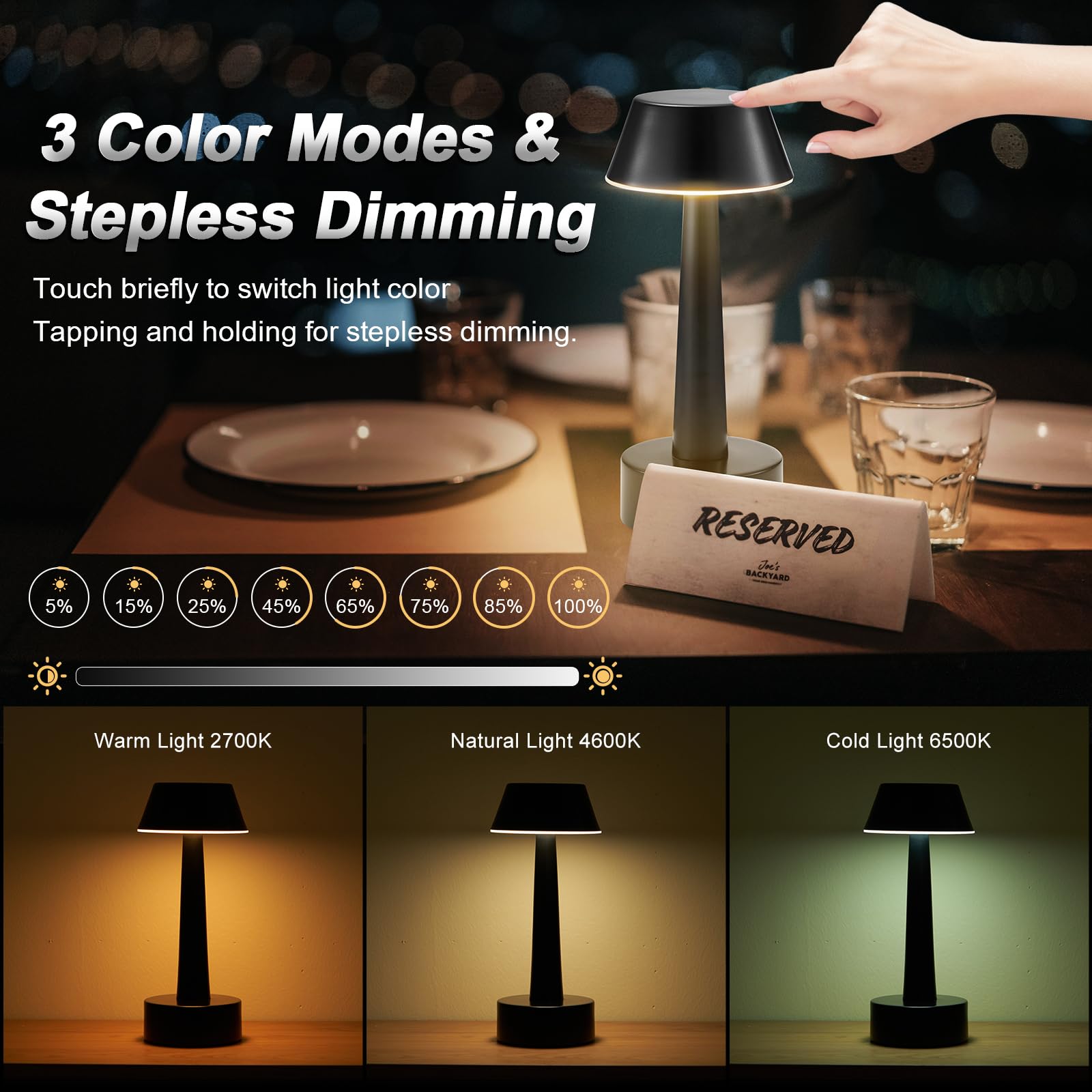 2 Pack Small Cordless Table Lamp, Battery Operated Black Lamp For Restaurant Dinner Table, Rechargeable 3-Way Dimmable Touch Lig