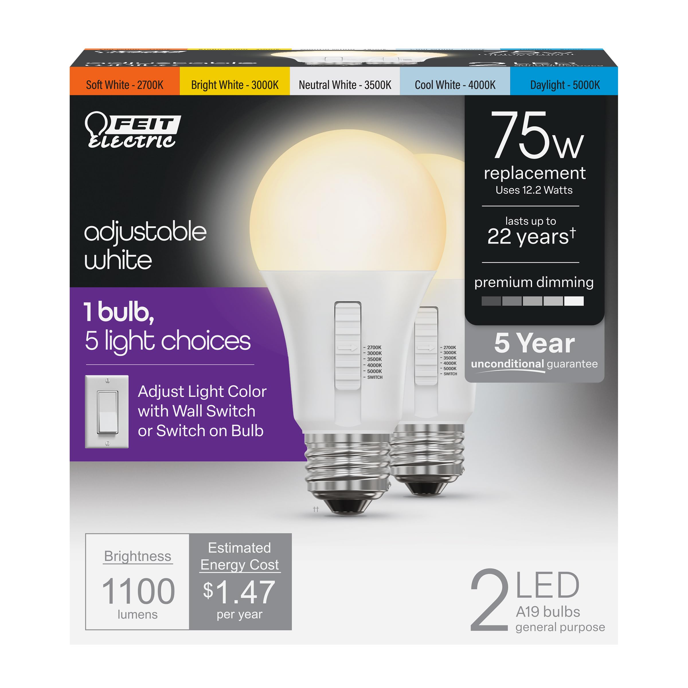 Feit Electric A19 LED Light Bulb, Dimmable, 75W Equivalent, 1100 Lumens, 6-Way Color Selectable, Damp Rated, 2 Pack, OM