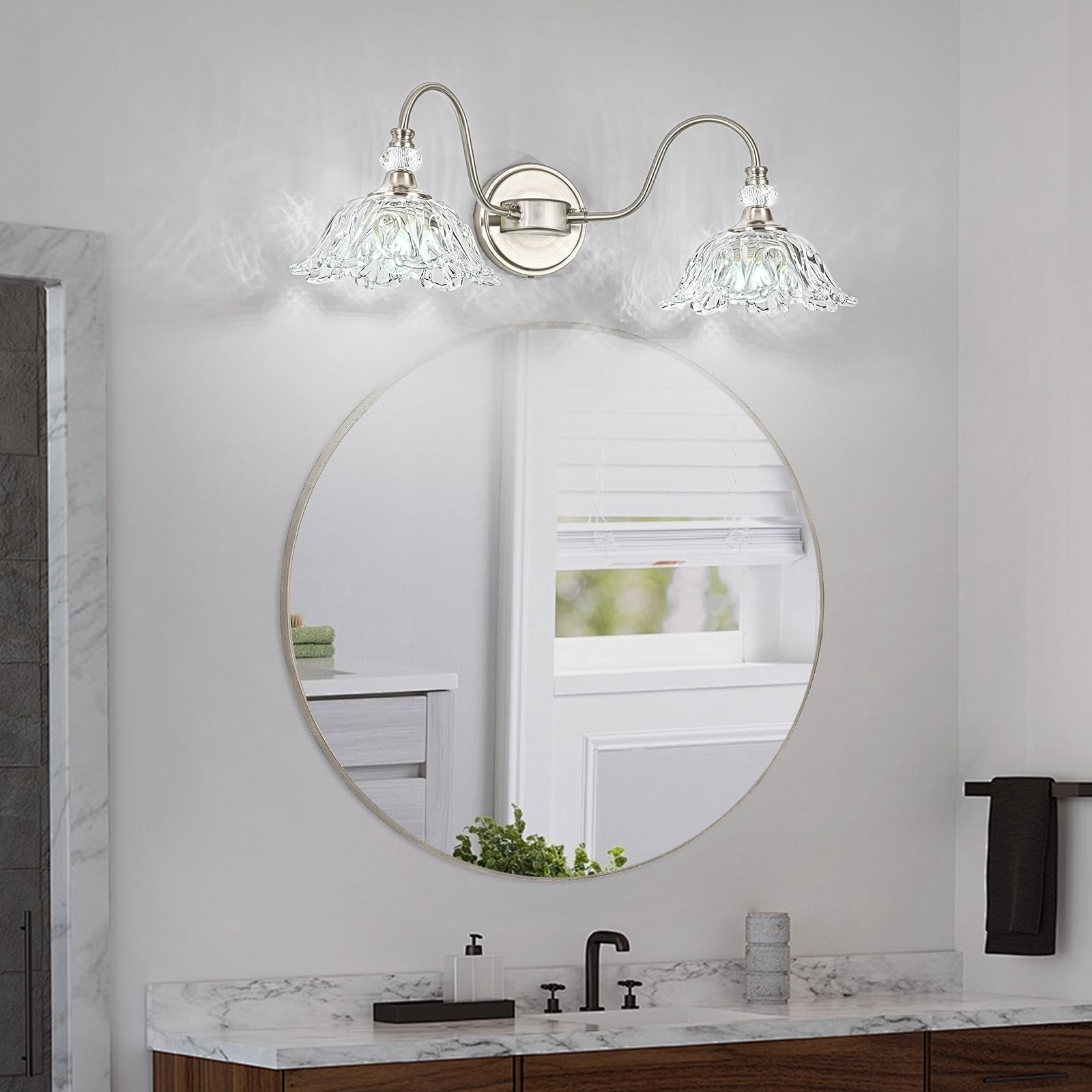 Sunkryster 2-Light Brushed Nickel Bathroom Vanity Light with Floral Glass Shades, Model Sun-104AB-2-Nickel
