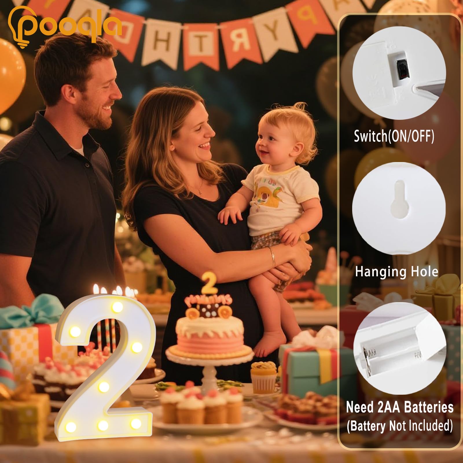 Pooqla Decorative LED Light Up Number Sign, Battery Operated, Warm White, Model JH-NB-02, Marquee Number 2