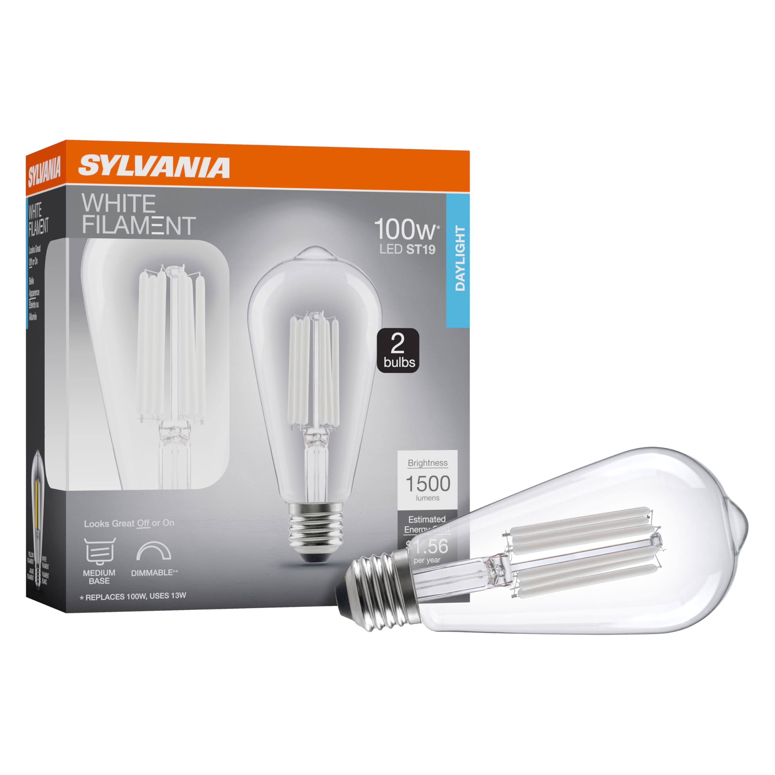 Sylvania St19 Clear Led White Filament Bulb, 13W, Dimmable, 1500 Lms, Medium Base, 5000K, Daylight - 2 Pack (42251)