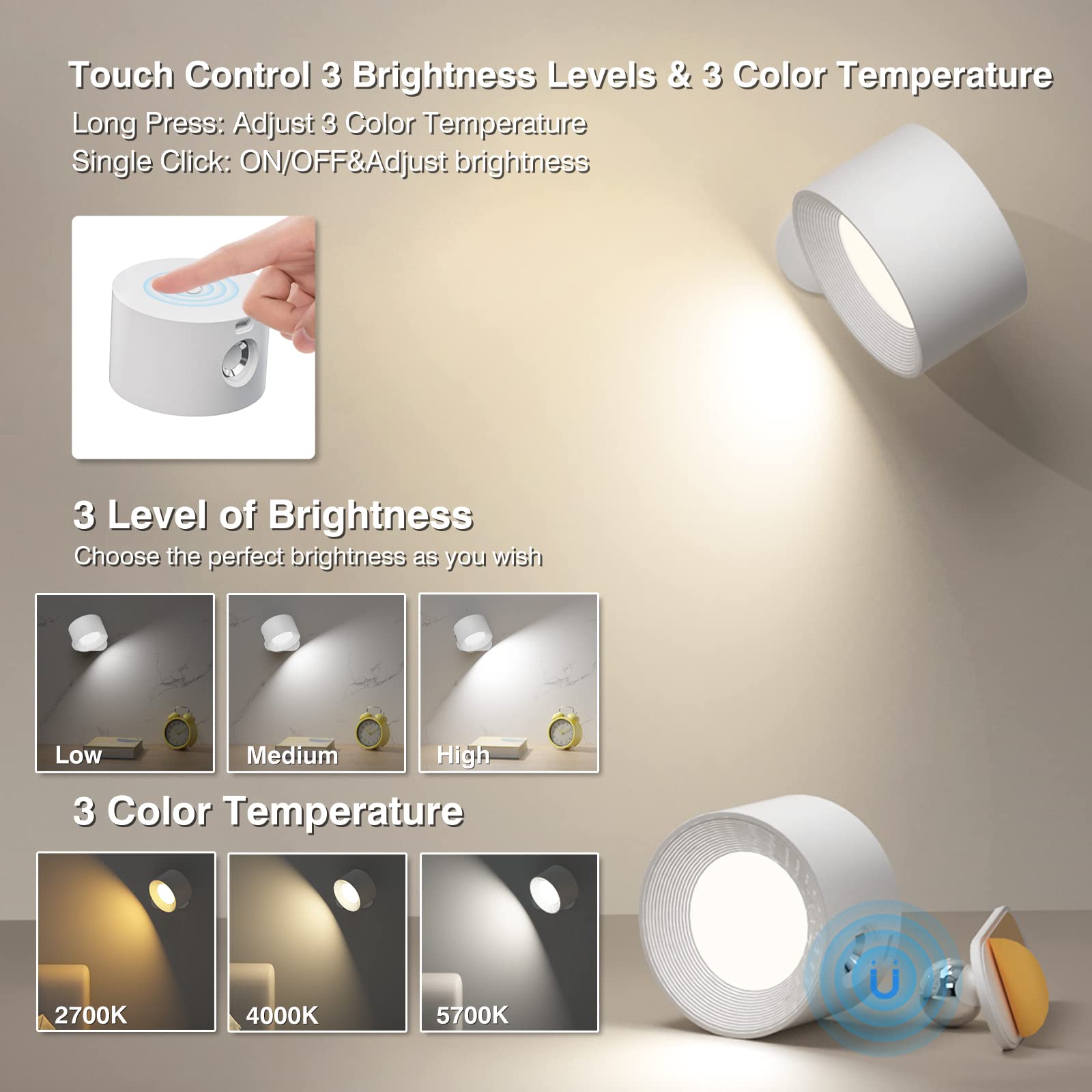 Deyagoo LED Wall Sconce - Rechargeable, 3 Color Temp, 3 Brightness Levels, Magnetic, Cordless Bedside Light - A-White, US Style