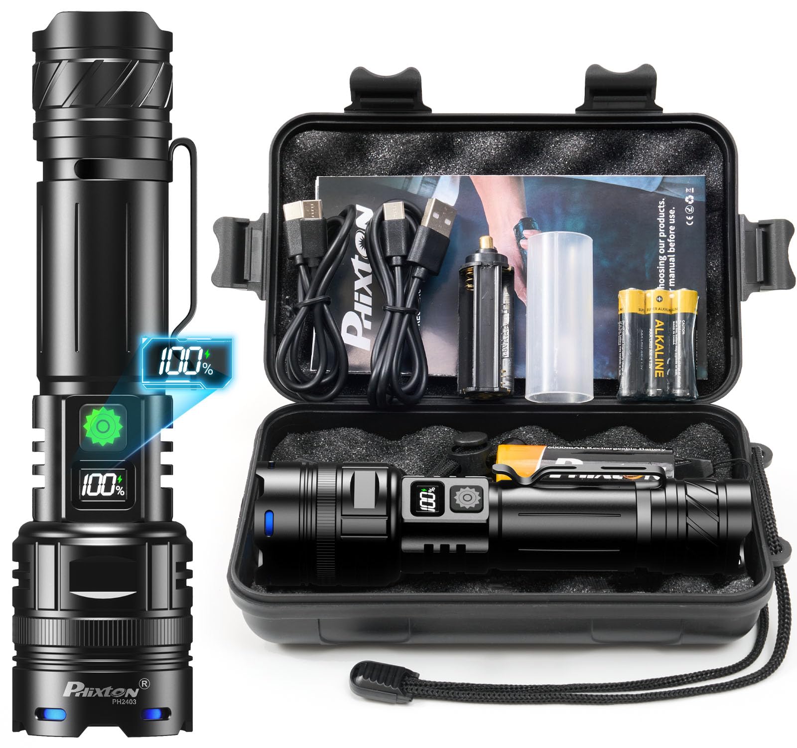 PHIXTON Rechargeable Flashlight 1000000 Lumens LED USB C Black, Model PH2403