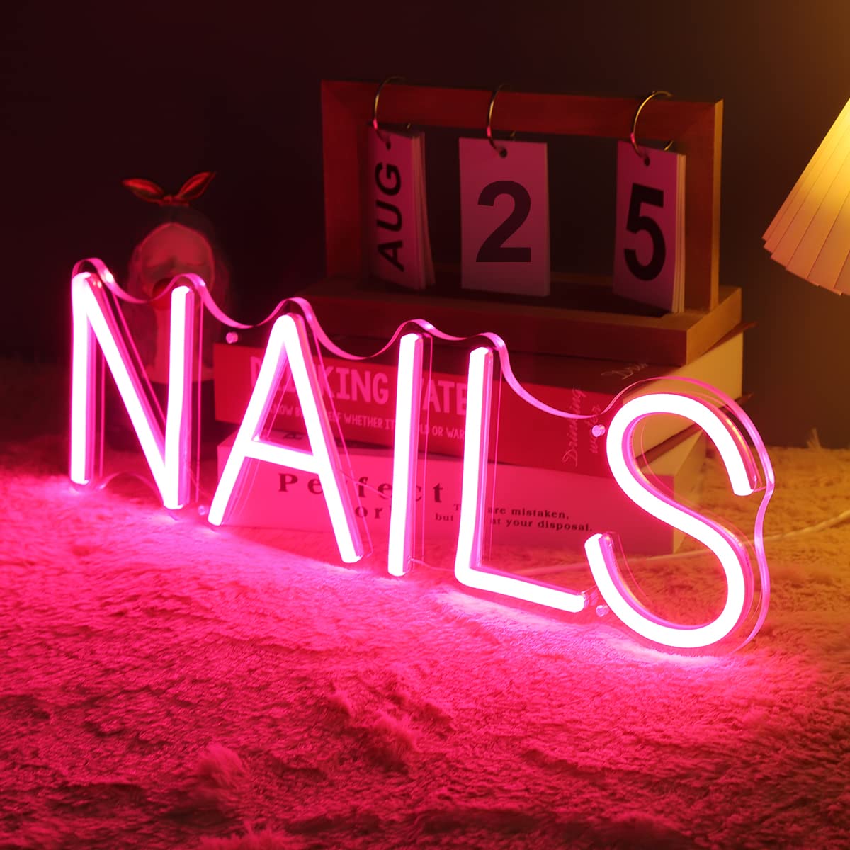 Britrio LED Neon Sign Light for Nail Spa, 15.75”L x 4.65”H, Pink, Model BR-NAILS-PINK, USB Powered with Dimmer Switch