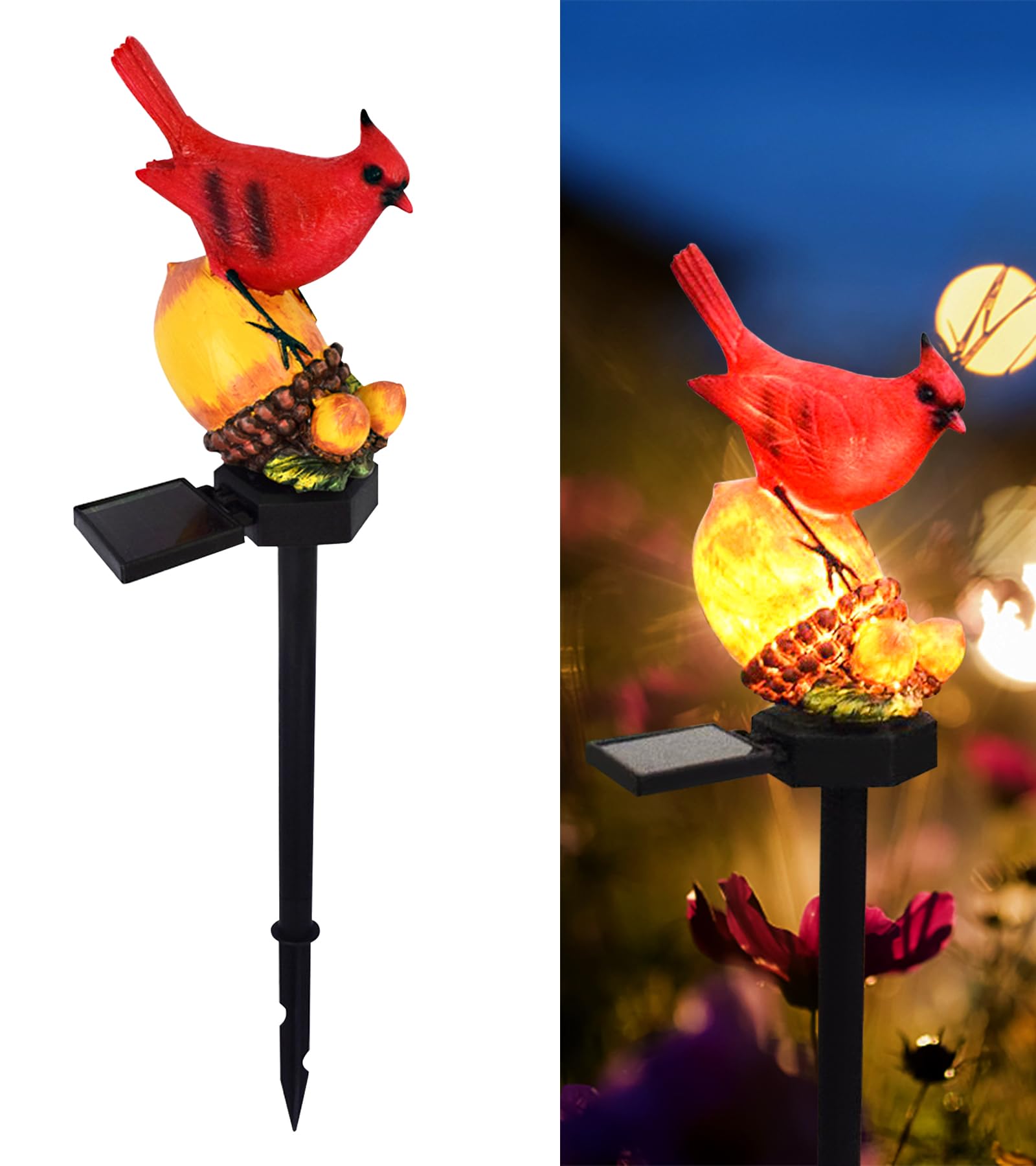 LAIAMER Solar Garden Decor Cardinal Figurine Stake Light - Waterproof Red Bird for Outdoor Lawn Patio - Nut Color