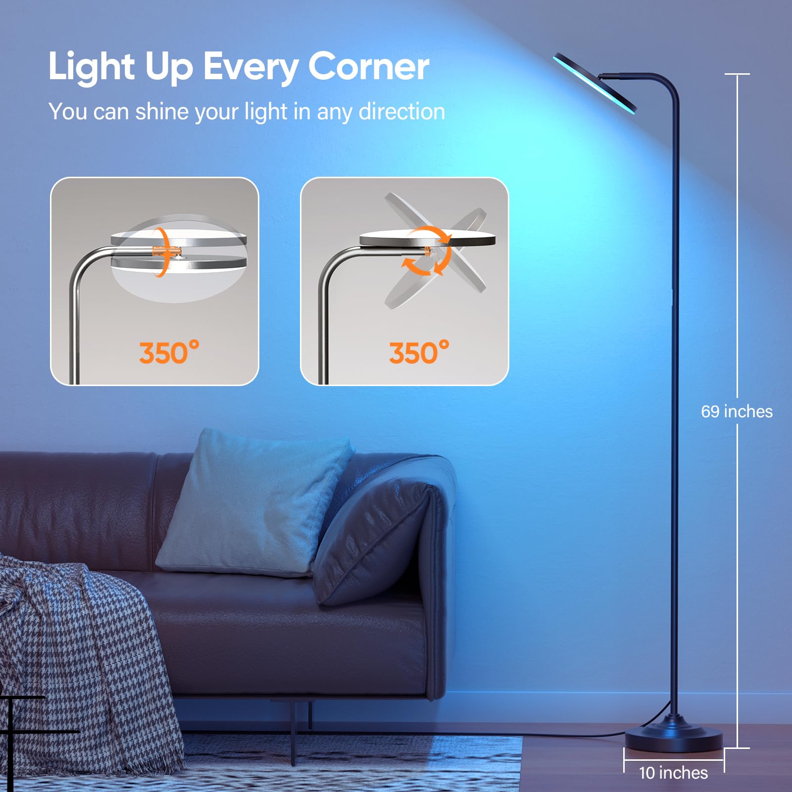 Sibrille Rgb Floor Lamp, 36W Bright Led Standing Lamp, Stepless Dimming Color Changing Torchiere Floor Lamps With Remote, 350?Ro