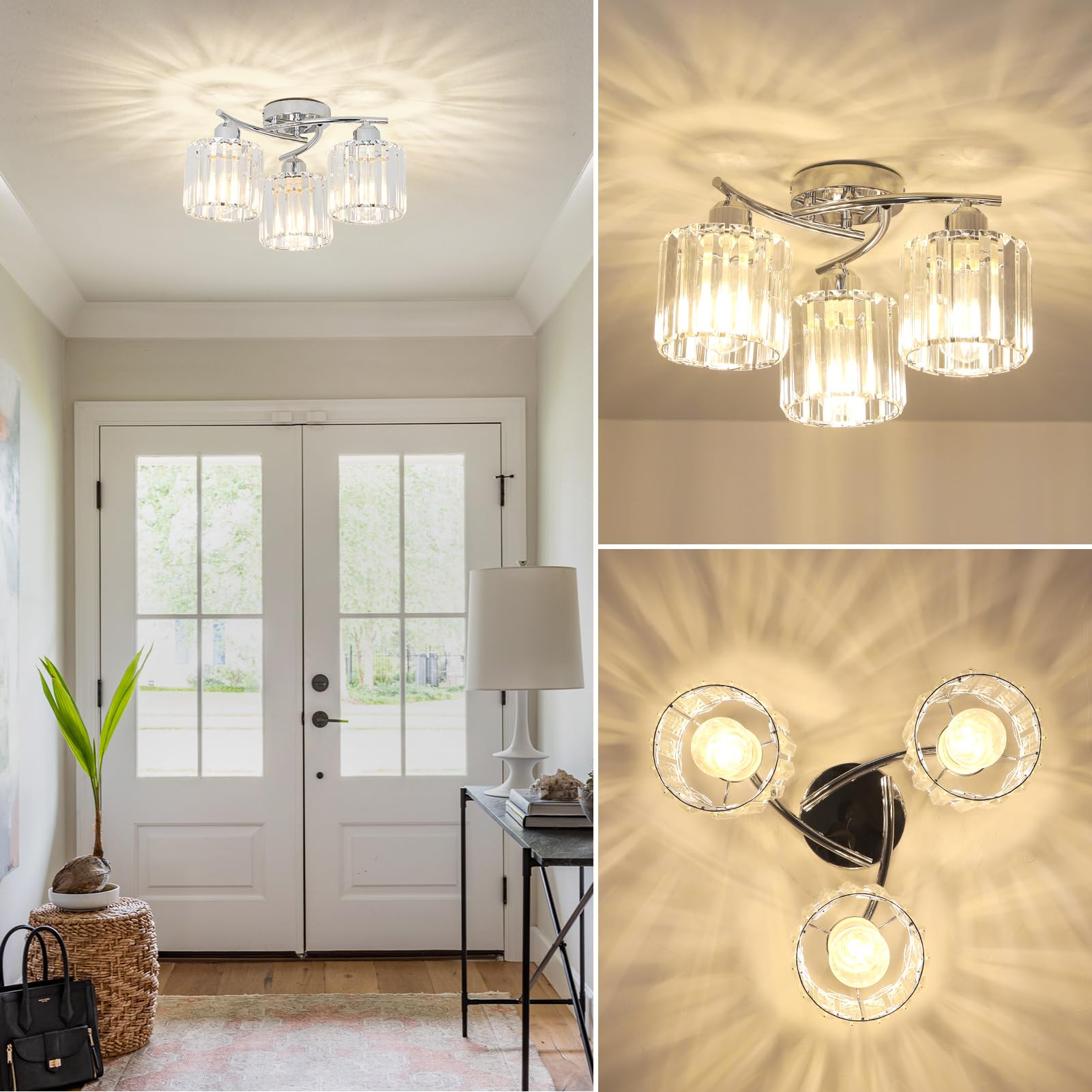 Crystal Close To Ceiling Light Fixtures 3-Light Chrome Modern Semi Flush Mount Ceiling Light Kitchen Light Fixture With Clear Crystal Shades Hallway Lighting Fixture For Entryway Bedroom Bathroom