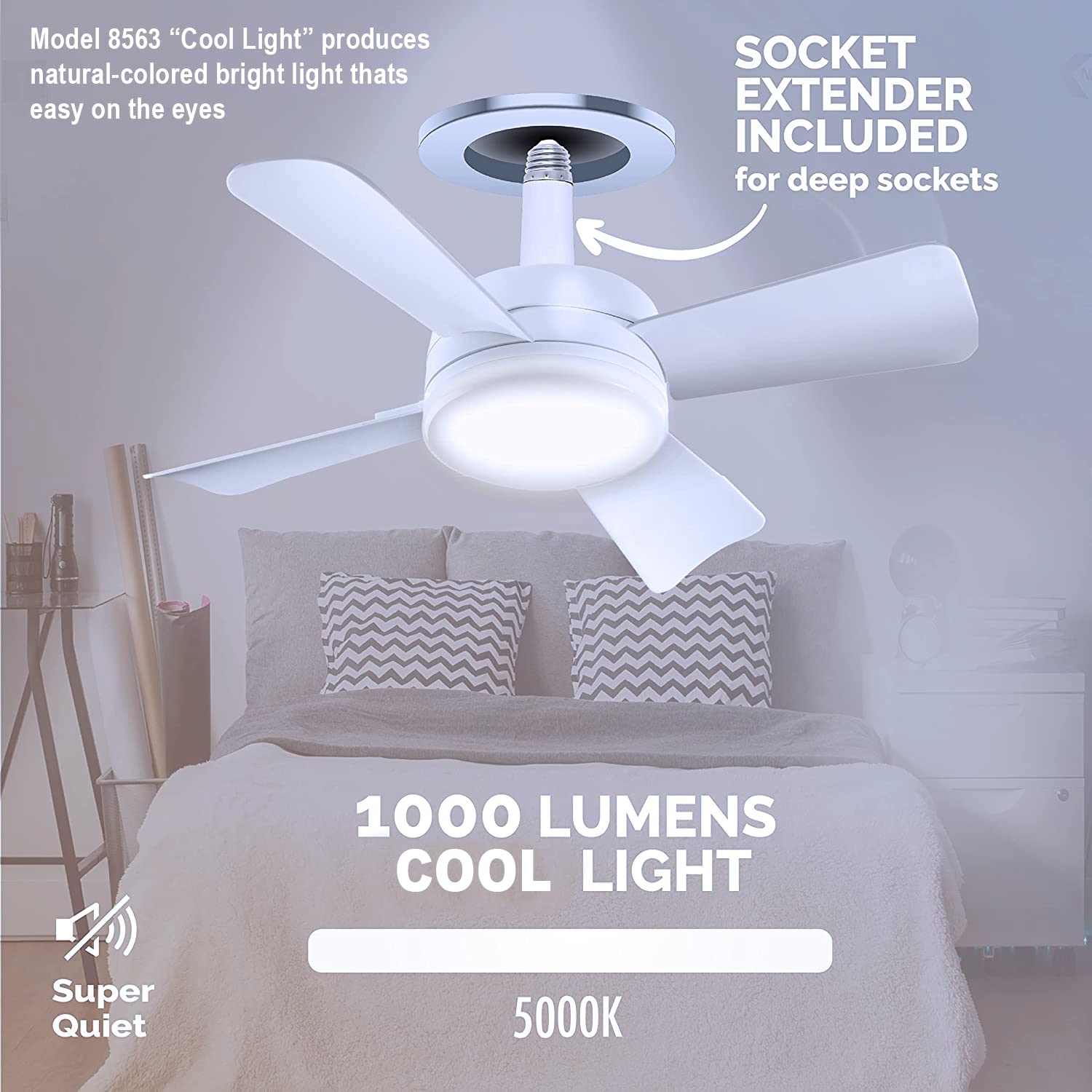 Bell+Howell Socket Breeze Modern Ceiling Fans with LED Lights, 10 LED E26/E27 Screw Base Mini Light Socket Fan with Cord for Bed