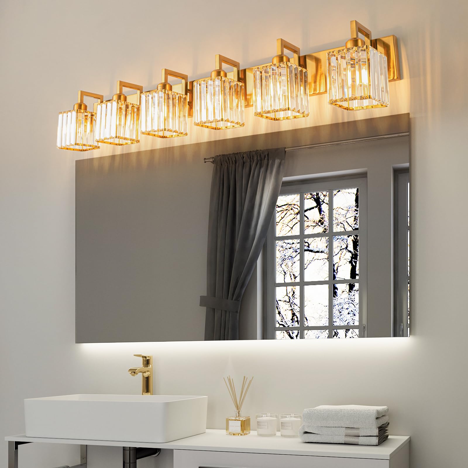 FDPBY Modern Crystal Bathroom Vanity Light - 6-Light Gold Brushed Brass Finish, Metal, Model JW-003