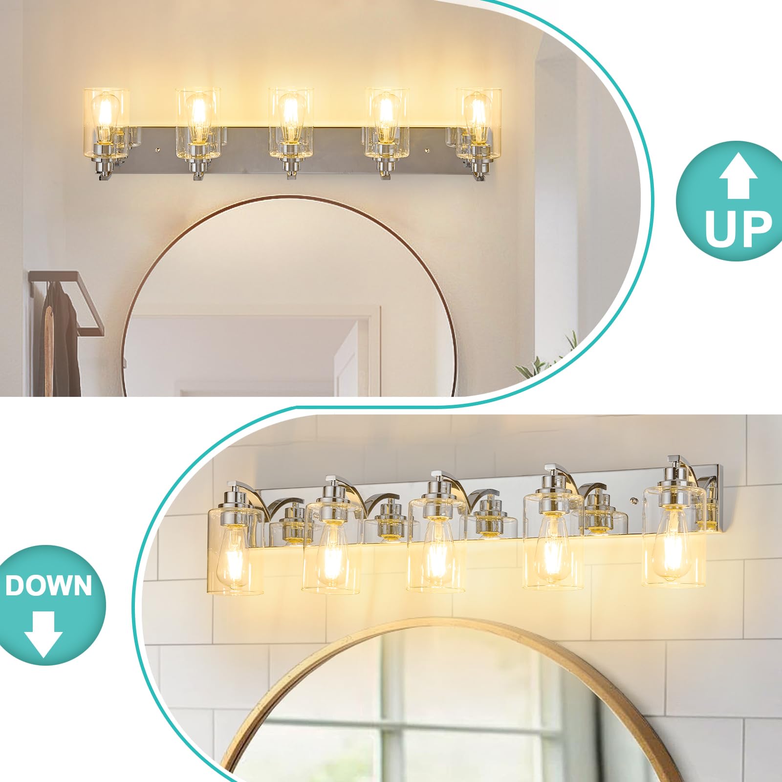 Alaislyc 5-Light Bathroom Light Fixtures Modern Chrome Vanity Lights For Bathroom Lighting Fixtures Over Mirror With Clear Glass Shade For Cabinet Mirror Bedroom Hallway