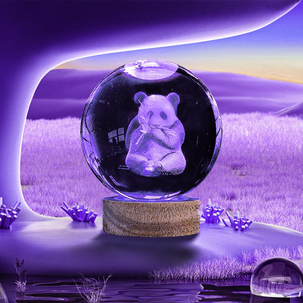 Oriamde 3D Panda Crystal Ball Night Light 3.15 Inch Panda Glass Ball Lamp With 16 Color Changing Wooden Base And Remote Control