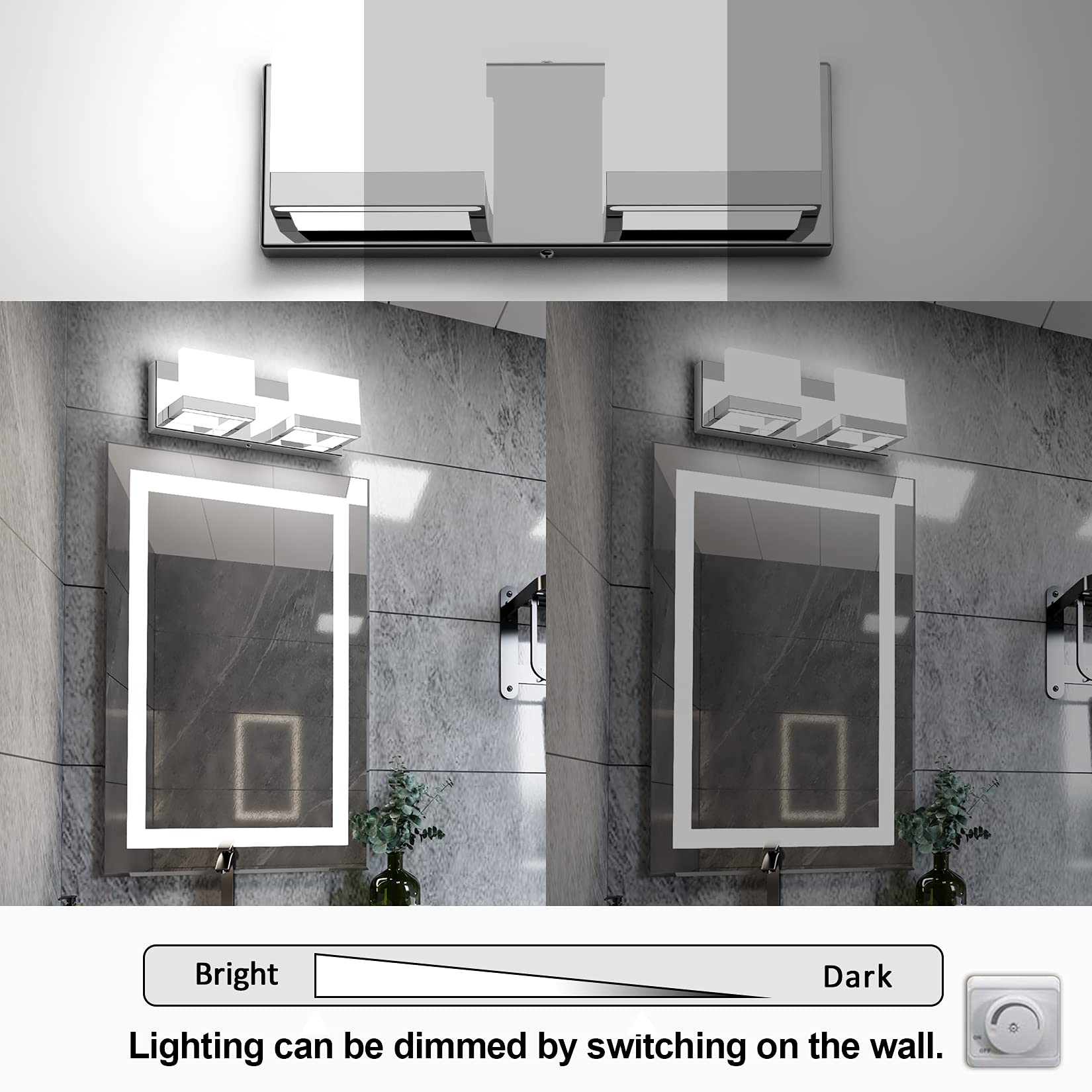 Tipace LED Dimmable 2-Light Vanity Fixture - Frosted White Acrylic Chrome, Model 1103