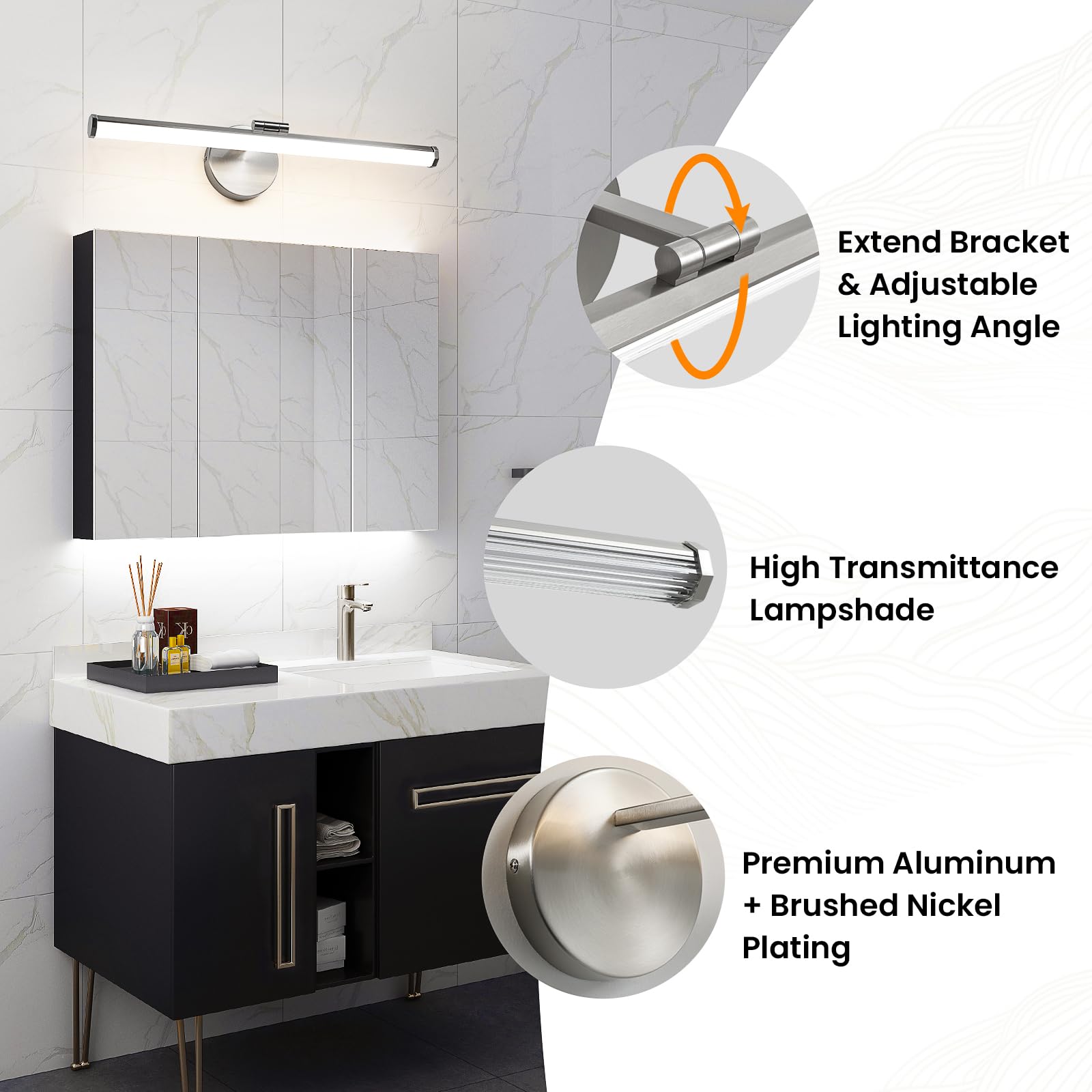 Kaisite 22" Brushed Nickel Led Bathroom Light Fixture, Dimmable, Rotatable, Modern Design