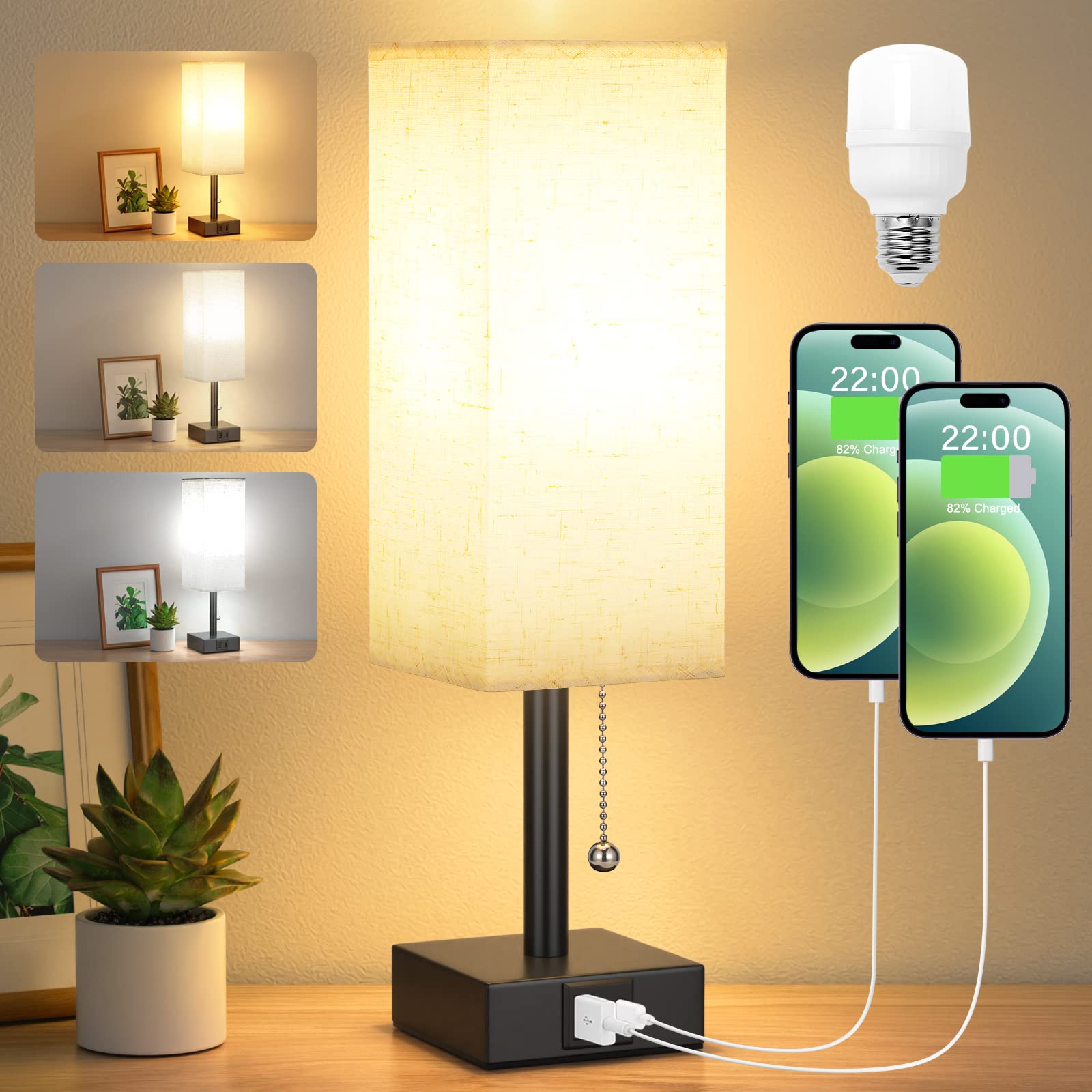 Aooshine Bedside Table Lamp with 3 Brightness Levels, 15.5 In, Beige Fabric Shade, USB C+A Ports, LED Bulb Included