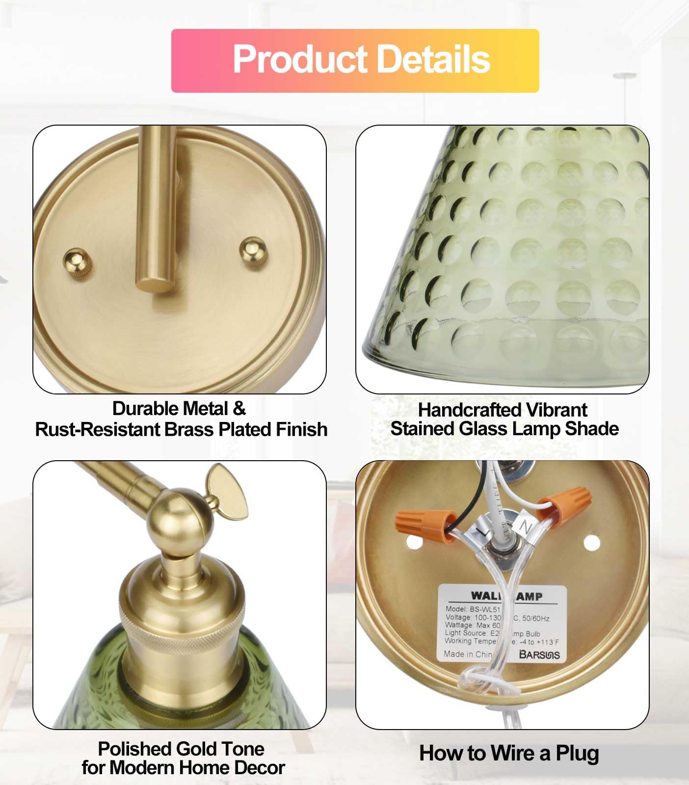 BARSUNS Swing Arm Wall Sconce, Adjustable Brightness, Gold & Green, RGBW Bulb with Remote, Model BS-WL351YG-B