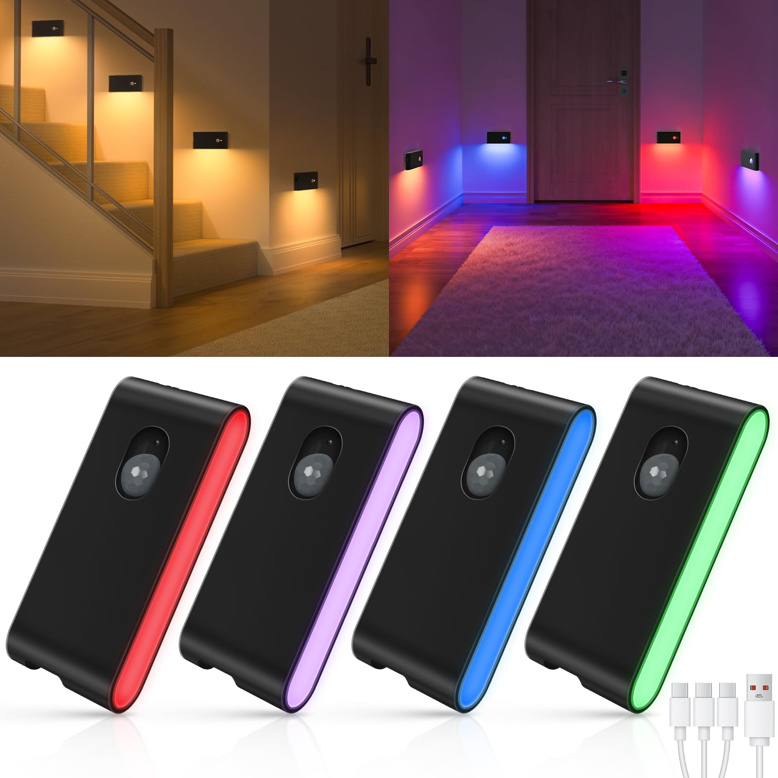 WILLED Stair Lights Indoor Rechargeable,RGB & Warm White Color Changing Night Light,Wireless Motion Sensor Lights Indoor for Sta