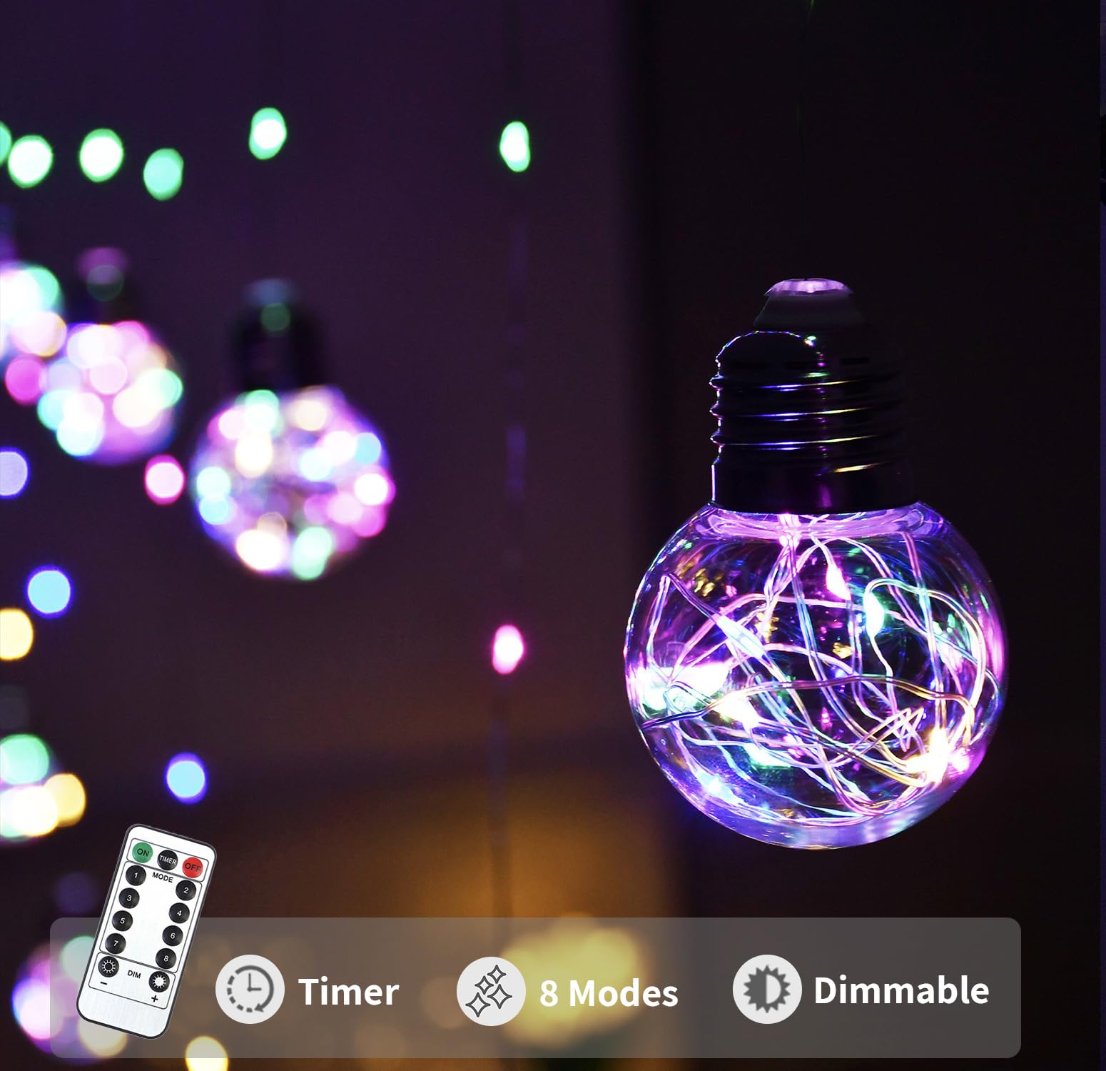Yolight Wishing Ball Curtain Lights 200 Led Window Curtain String Lights With Remote, Usb Battery Powered Twinkle Globe Fairy Lights For Wedding Party Bedroom Christmas Decoration (Multi-Colored)