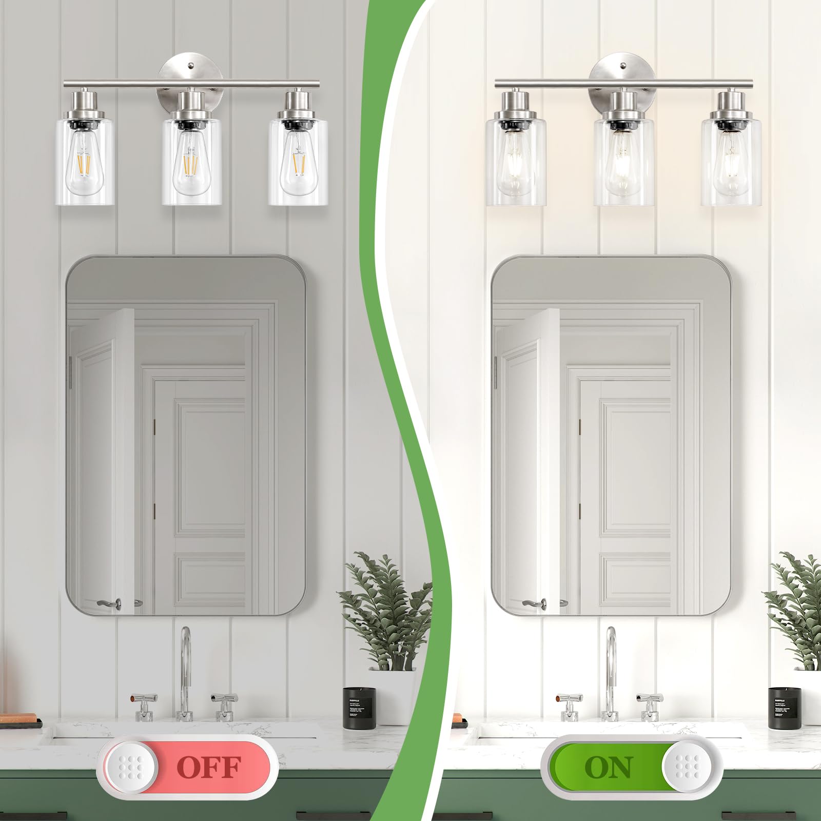 Guliaofo 3-Light Bathroom Vanity Light Fixtures, Brushed Nickel, Clear Glass Shade, Model Gu-111-QGN-3