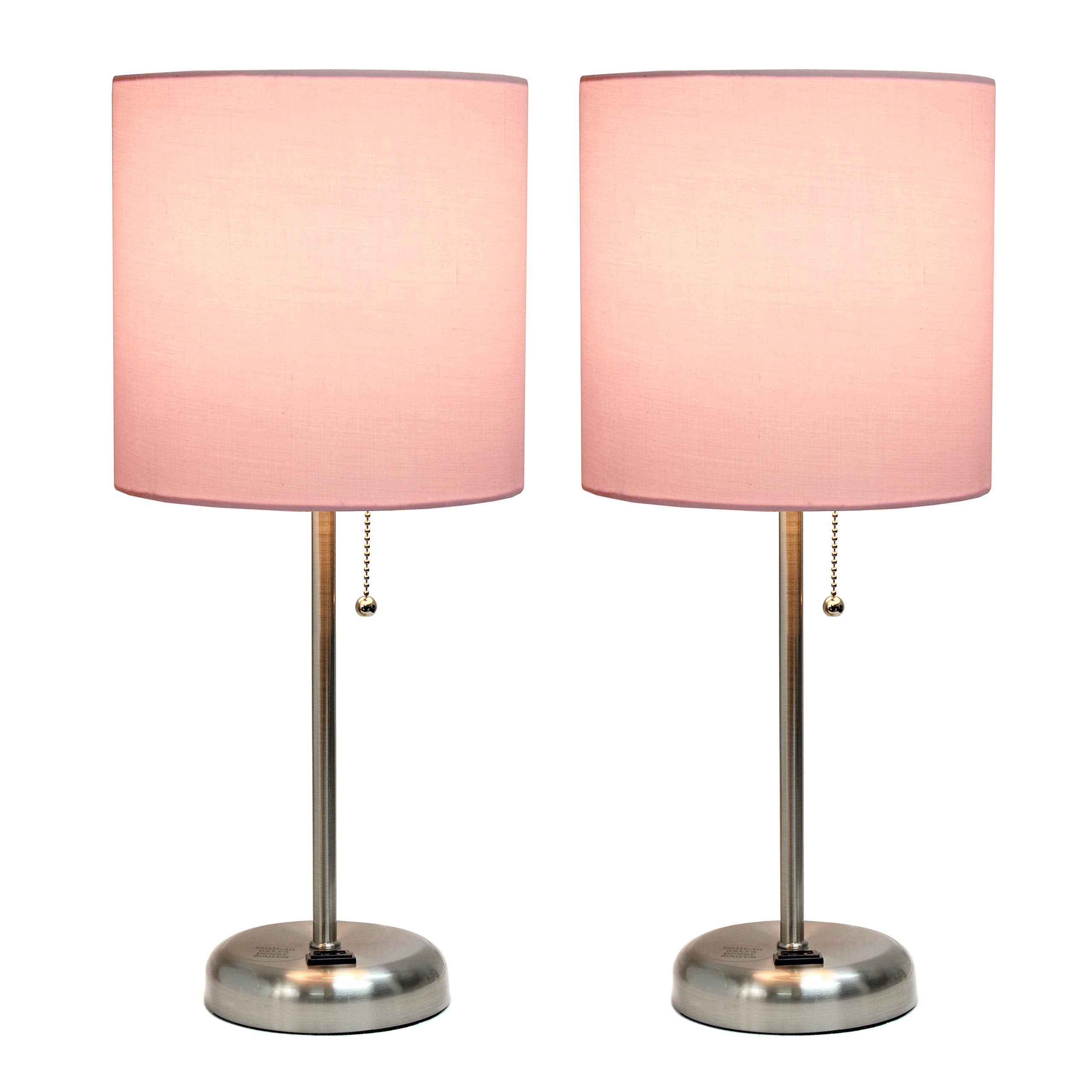 Simple Designs Lc2001-Lpk-2Pk Brushed Steel Stick Table Lamp Set With Charging Outlet And Light Pink Fabric Shades, 2 Pack Set