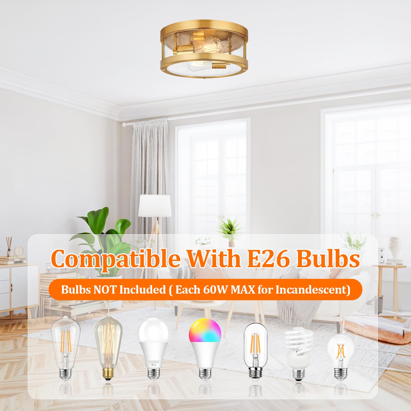 2-Light Gold Close To Ceiling Light Fixture, Farmhouse Light Fixture With Seeded Glass Lampshade, Industrial Flush Mount Ceiling