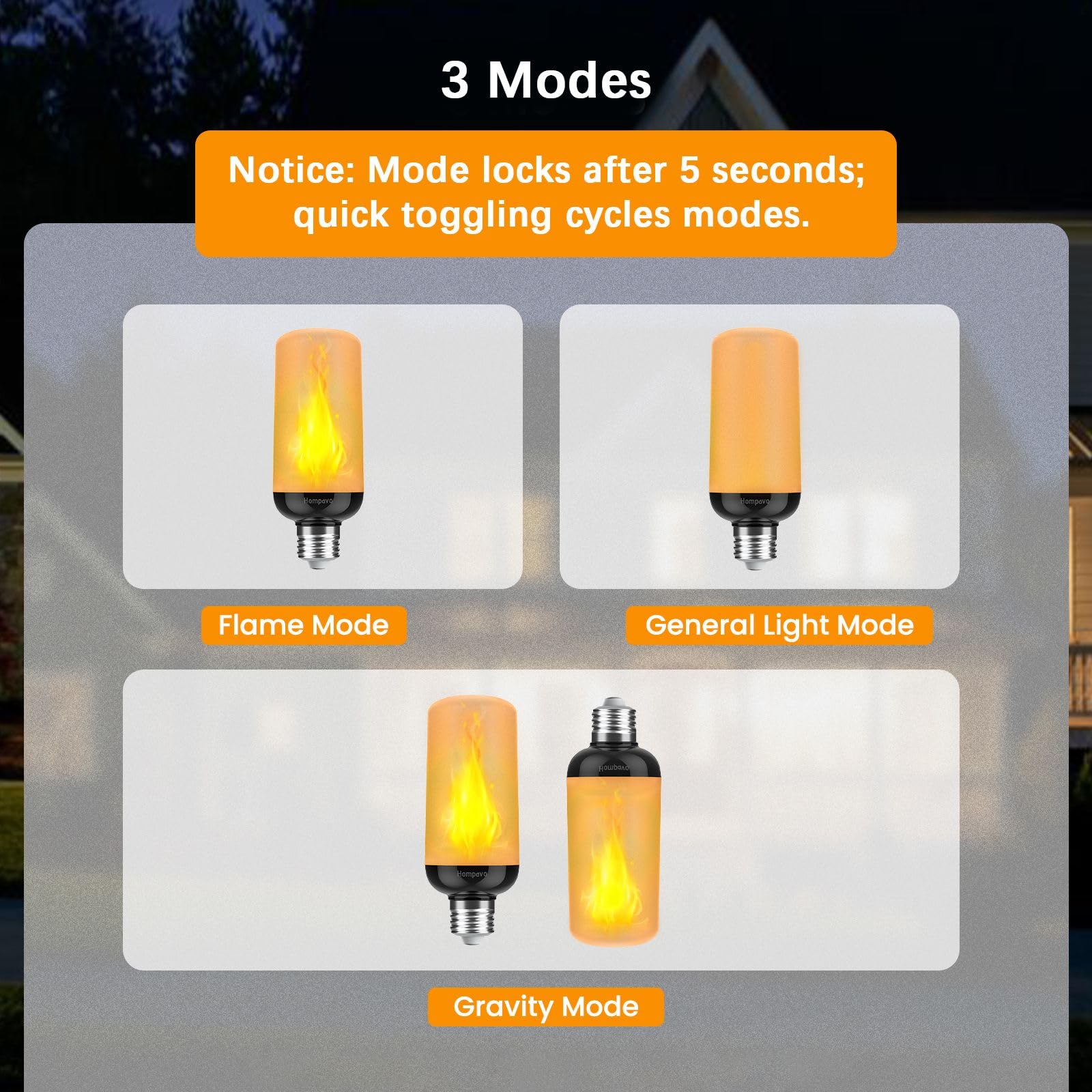 Hompavo Gen2 LED Flame Light Bulbs, 4-Mode Flickering Effect, E26, 2 Pack, PP Shell, Ideal for Halloween & Christmas Decorations