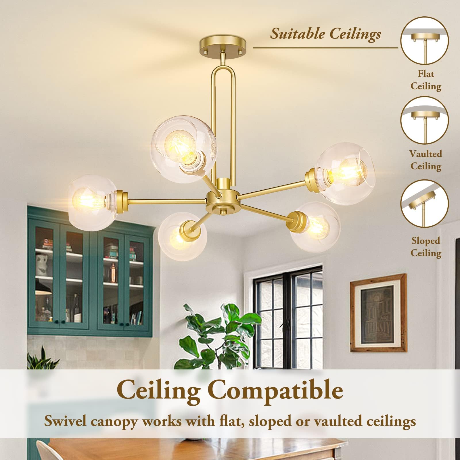 Globe Chandelier Pendant Modern Gold Large Semi-Flush Ceiling Light, Clear Glass, 5-Light, Sputnik - Ideal For Kitchen, Living R
