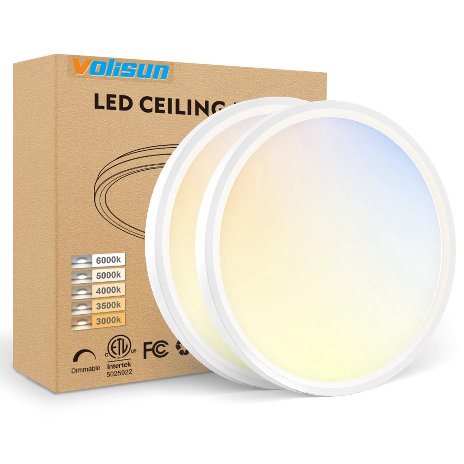 VOLISUN 2Pack 5CCT LED Flush Mount Ceiling Light, 7 inch Dimmable Ultra-Thin LED Ceiling Light Fixture, 3000K-6500K Selectable, 