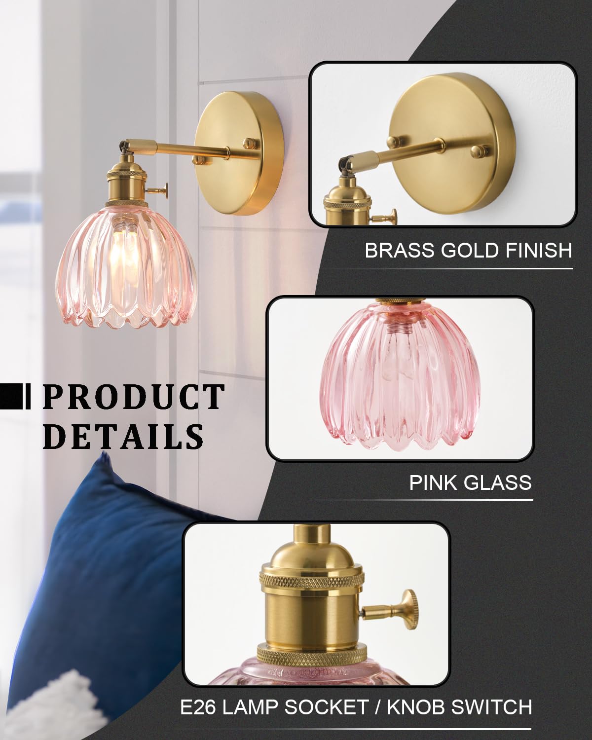 BinoBro Wall Sconce, Vintage Tulip Crystal Glass Shade, Hardwired/Plug-in, Pink, Model WL24555