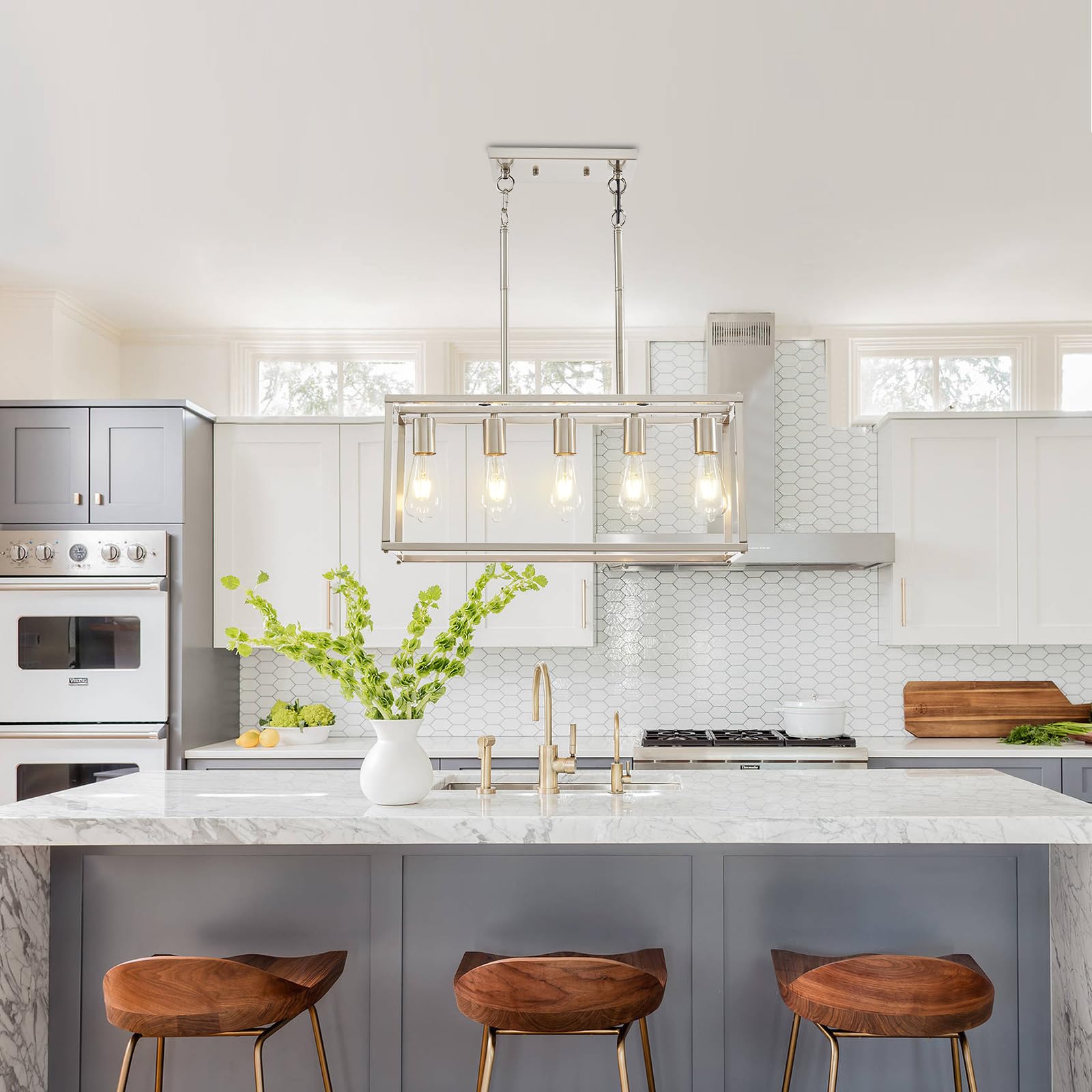 Lanhall 5-Light Pendant Light, Brushed Nickel Metal Chandelier for Kitchen Island, Adjustable Height, Modern Dining Room Fixture