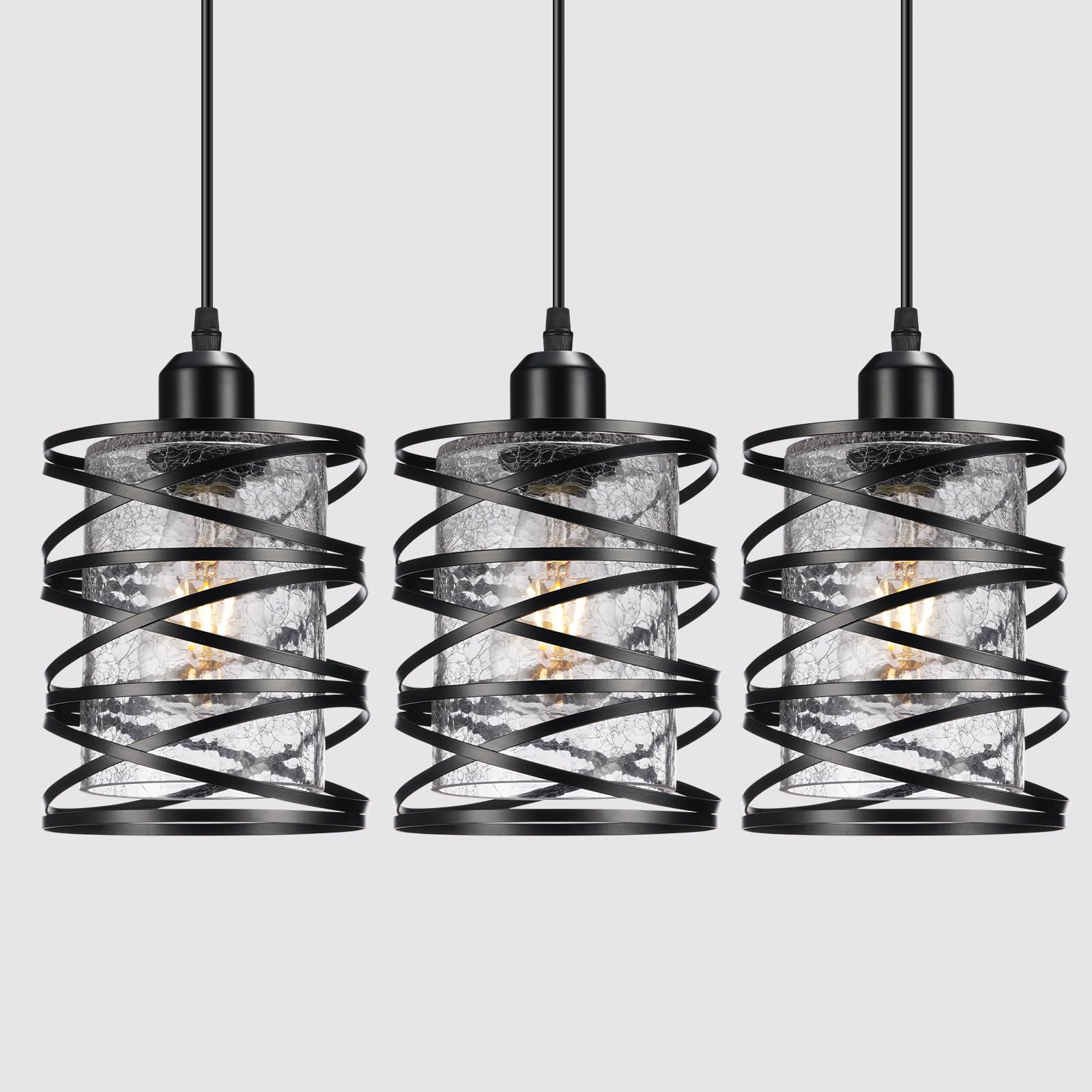 3 Pack Black Farmhouse Pendant Lights Kitchen Island Decor, Modern Crackle Glass Over Sink Pendant Light Fixture, Adjustable Bar Lights Hanging Light For Dining Room, Bedroom, Entryway, Porch, Hallway