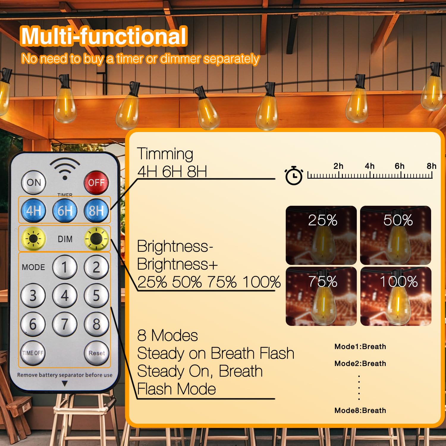 Daybetter 50Ft Solar String Lights Outdoor Waterproof With Remote & Usb Port Dimmable & Timmer,Solar Patio Lights 15+1 Led Shatt