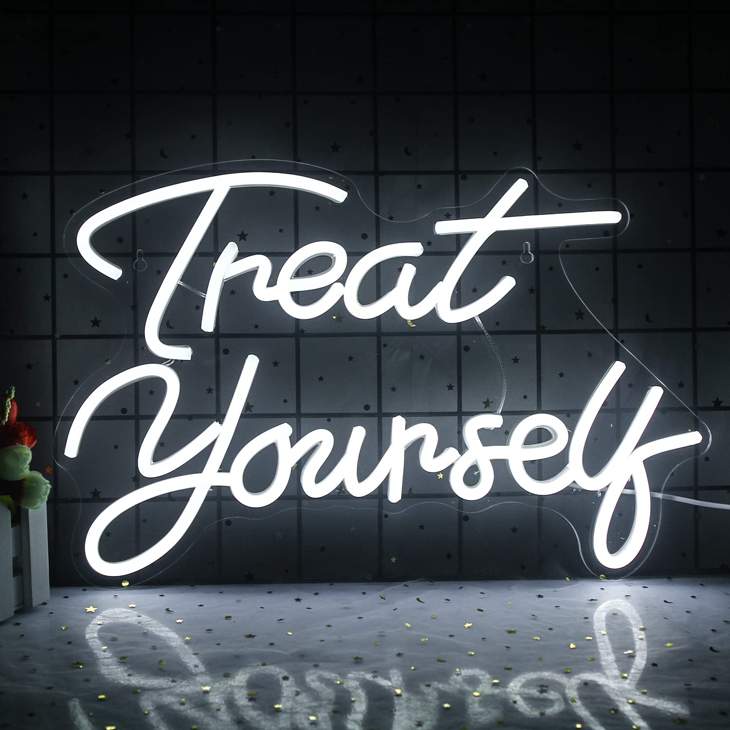 Wanxing LED Neon Sign Light for Bedroom, White Acrylic, Model WX-NS-treat yourself, Happy Light for Wedding & Birthday Decor
